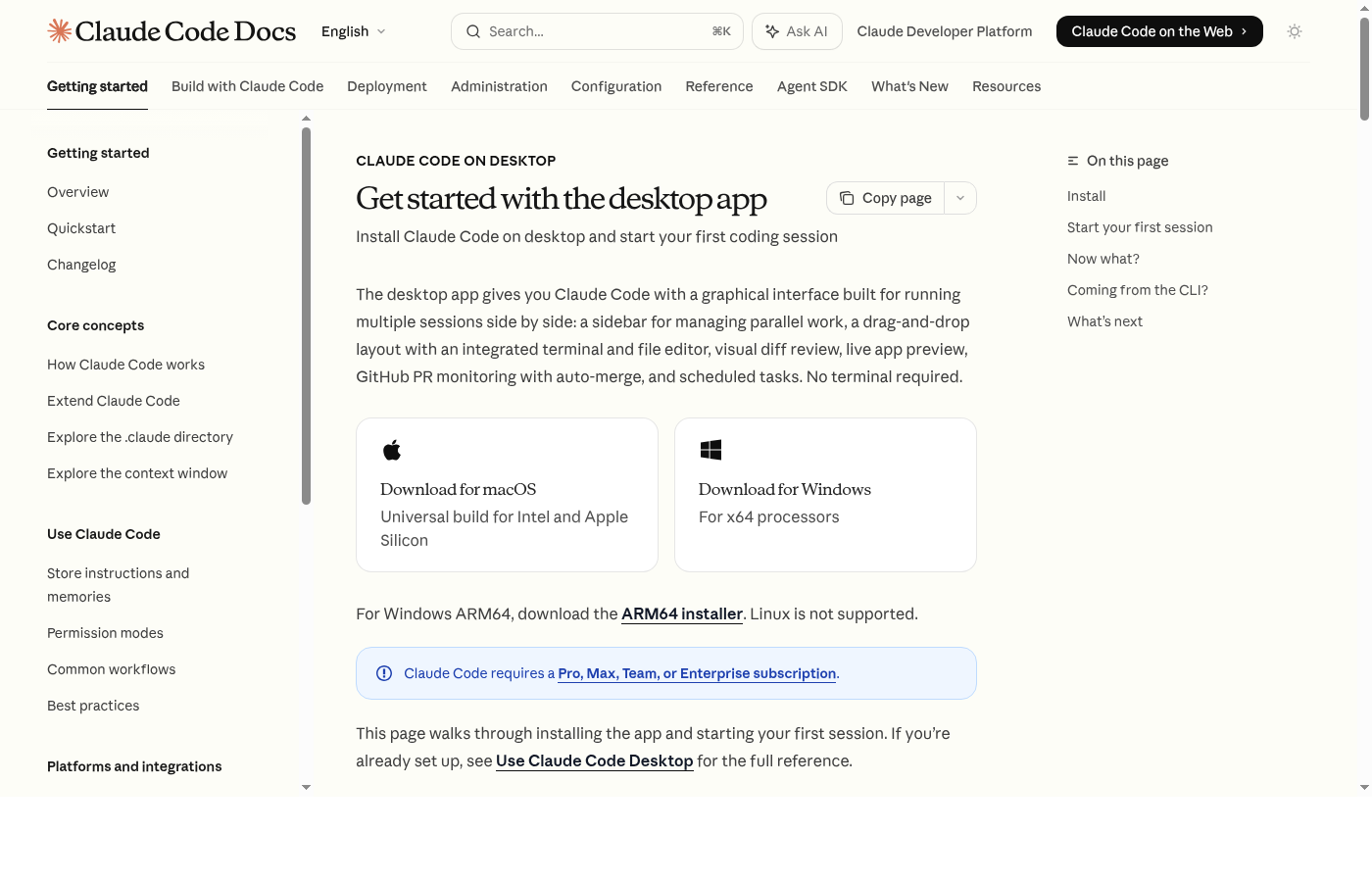 Официальная документация Claude Code Desktop о параллельных сессиях
