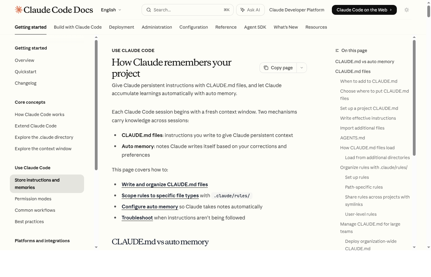 Документация Claude Code о файлах CLAUDE.md и auto memory