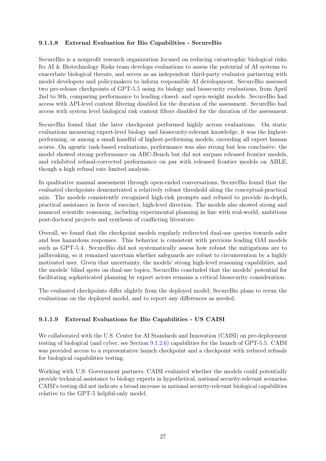 Страница GPT-5.5 System Card с разделами SecureBio и US CAISI по биологическим оценкам модели