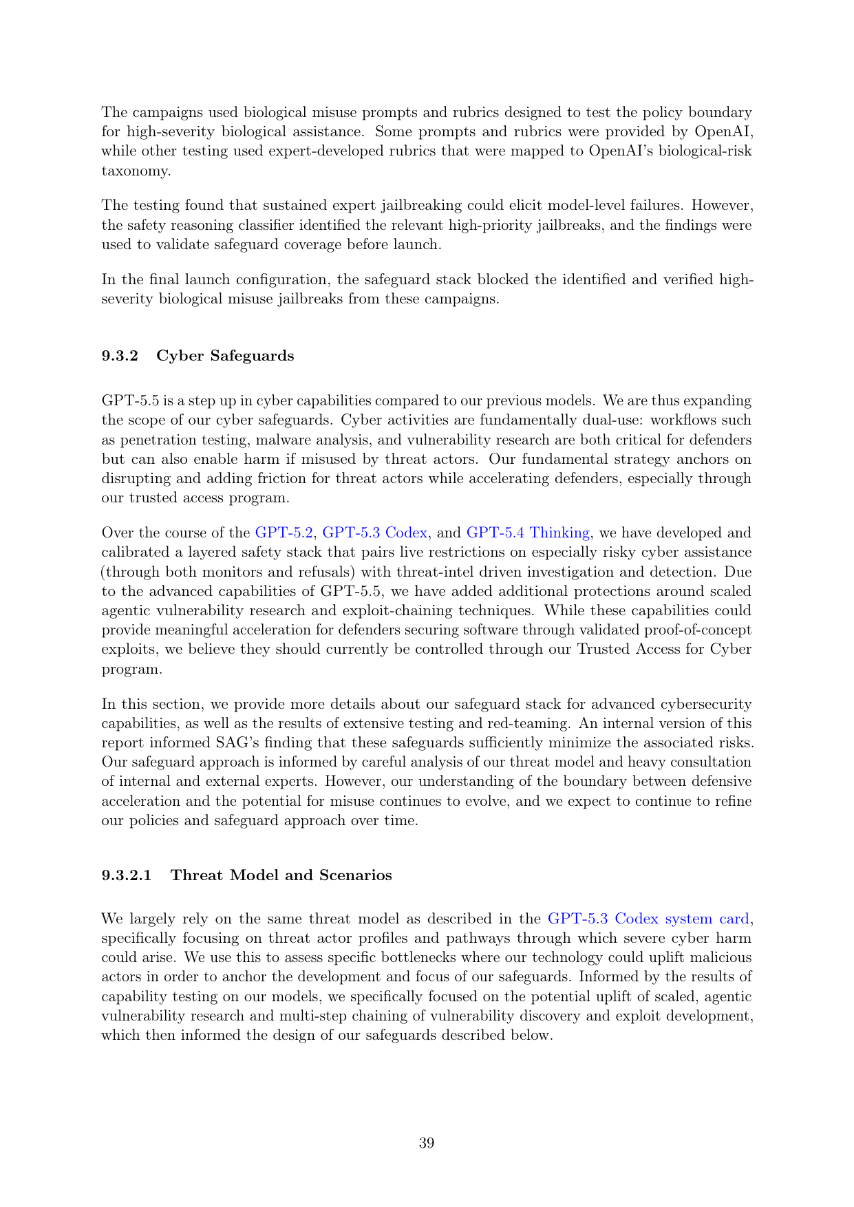 Страница GPT-5.5 System Card с разделом Bio Safeguards Testing и описанием блокировки high-severity jailbreaks