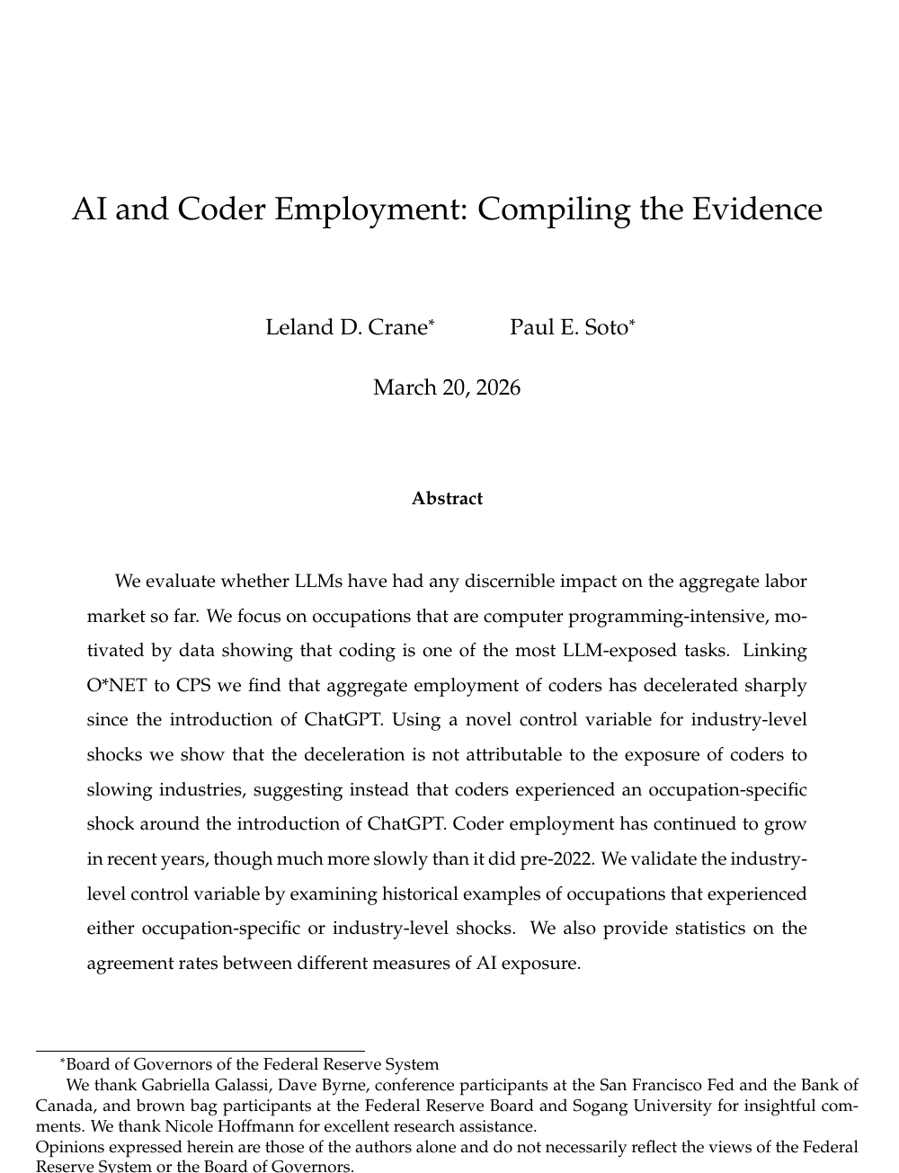 Титульная страница и abstract исследования Federal Reserve AI and Coder Employment: Compiling the Evidence