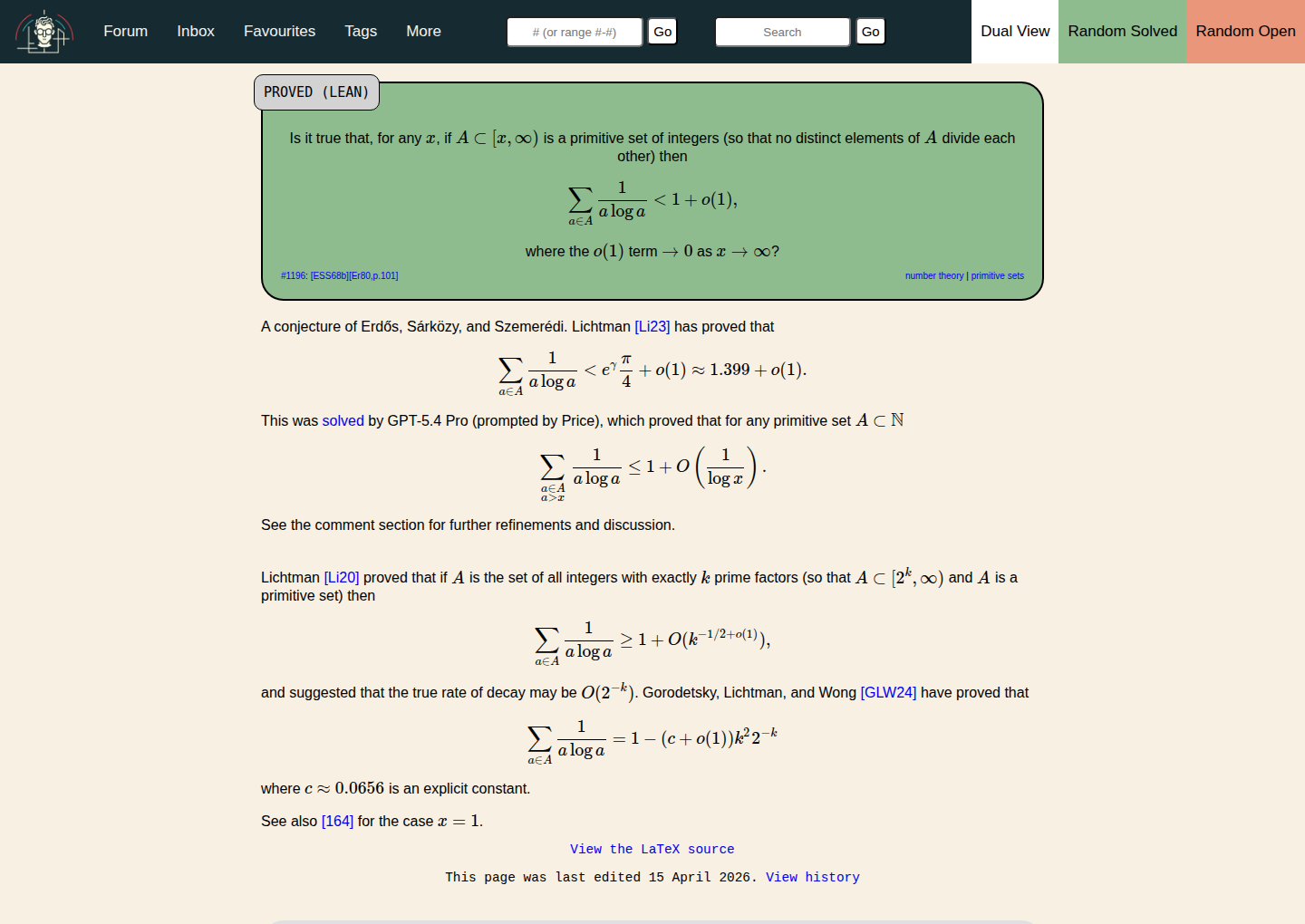 Скриншот страницы Erdős Problem #1196 со статусом PROVED (LEAN) и формулировкой задачи про primitive sets