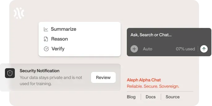 Интерфейс Aleph Alpha с функциями Summarize, Reason и Verify и акцентом на приватность данных
