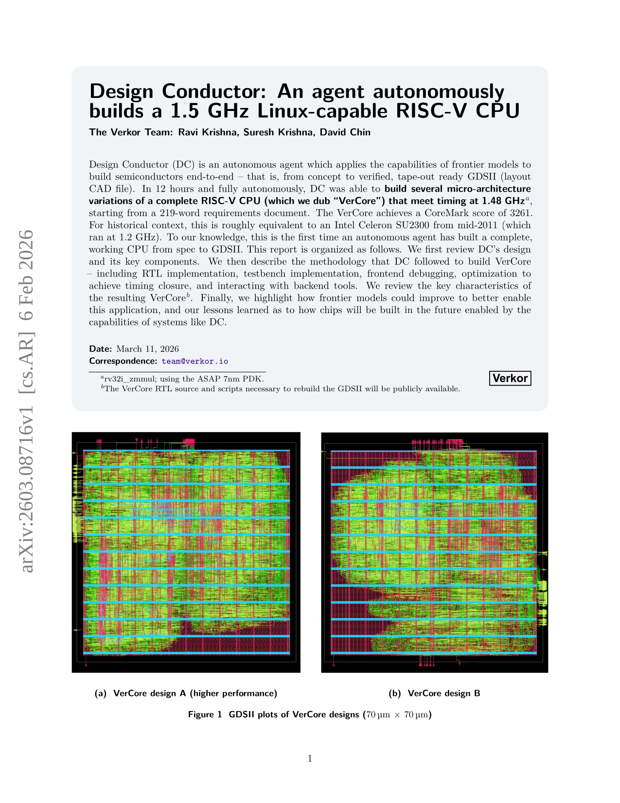 Первая страница отчёта Verkor Design Conductor с описанием 12-часового проектирования RISC-V CPU и GDSII-планами VerCore