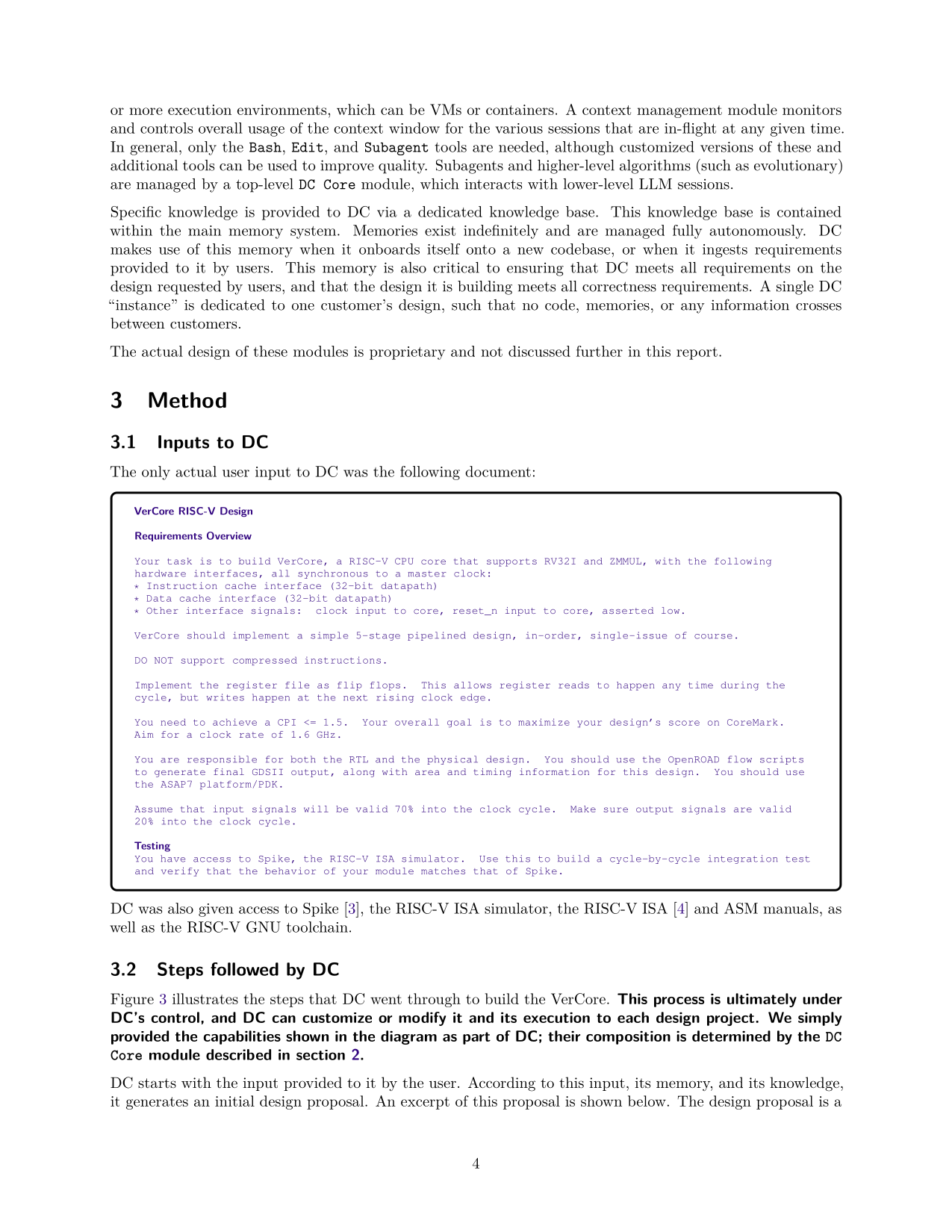 Фрагмент отчёта Verkor с исходным requirements doc на 219 слов для RISC-V CPU