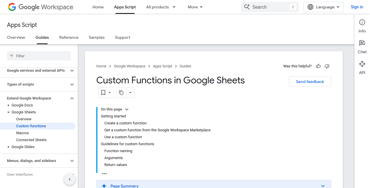 Скриншот документации Google Apps Script по custom functions для Google Sheets
