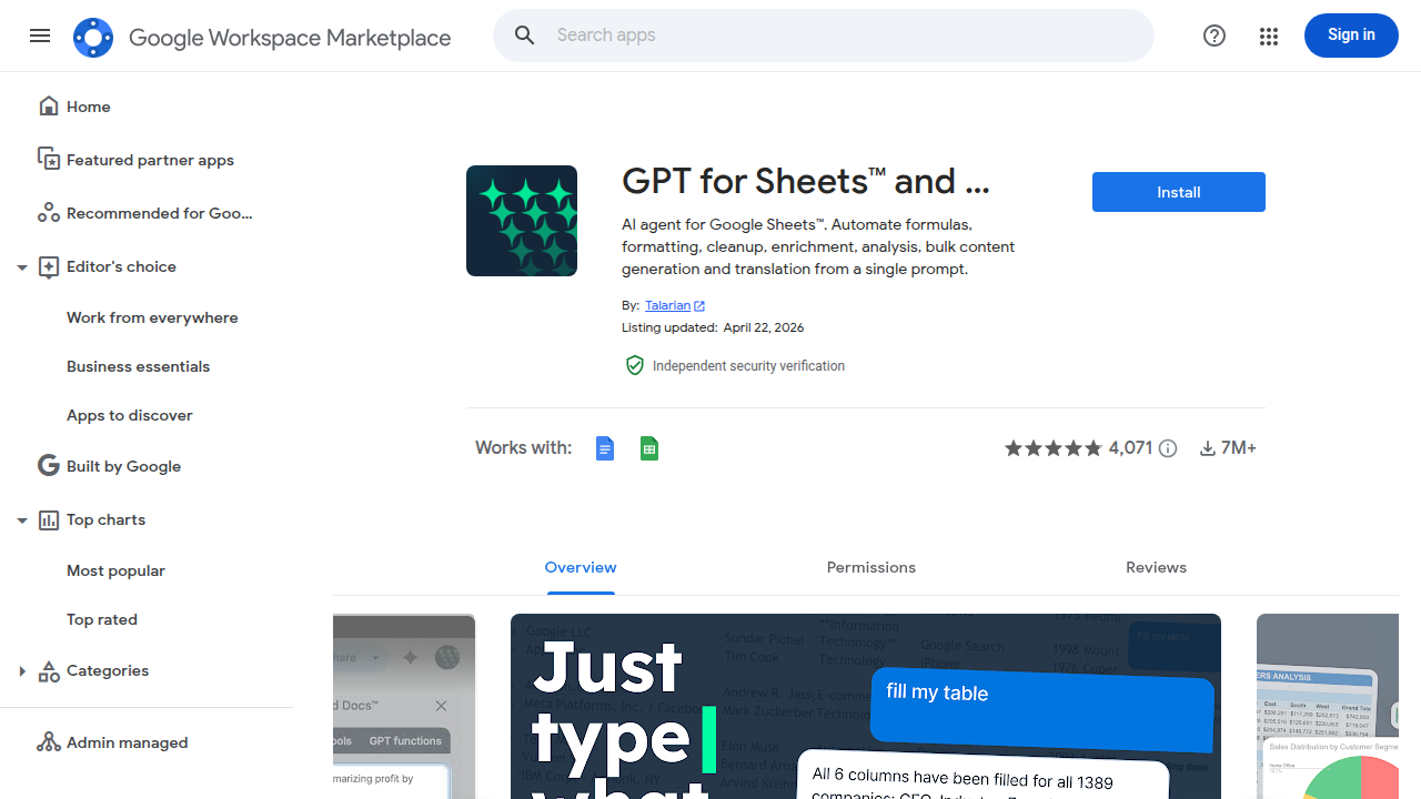 Скриншот Google Workspace Marketplace с дополнением GPT for Sheets and Docs