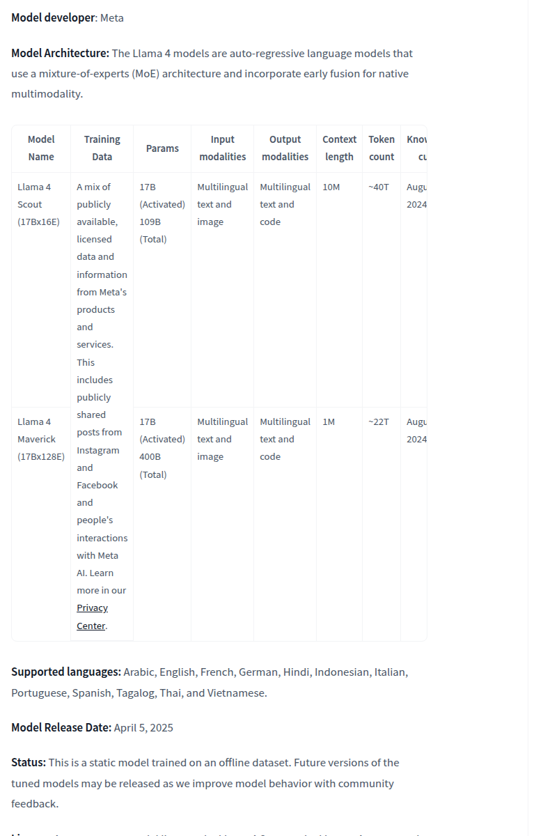 Таблица Scout и Maverick в model card Llama 4 с параметрами и supported languages