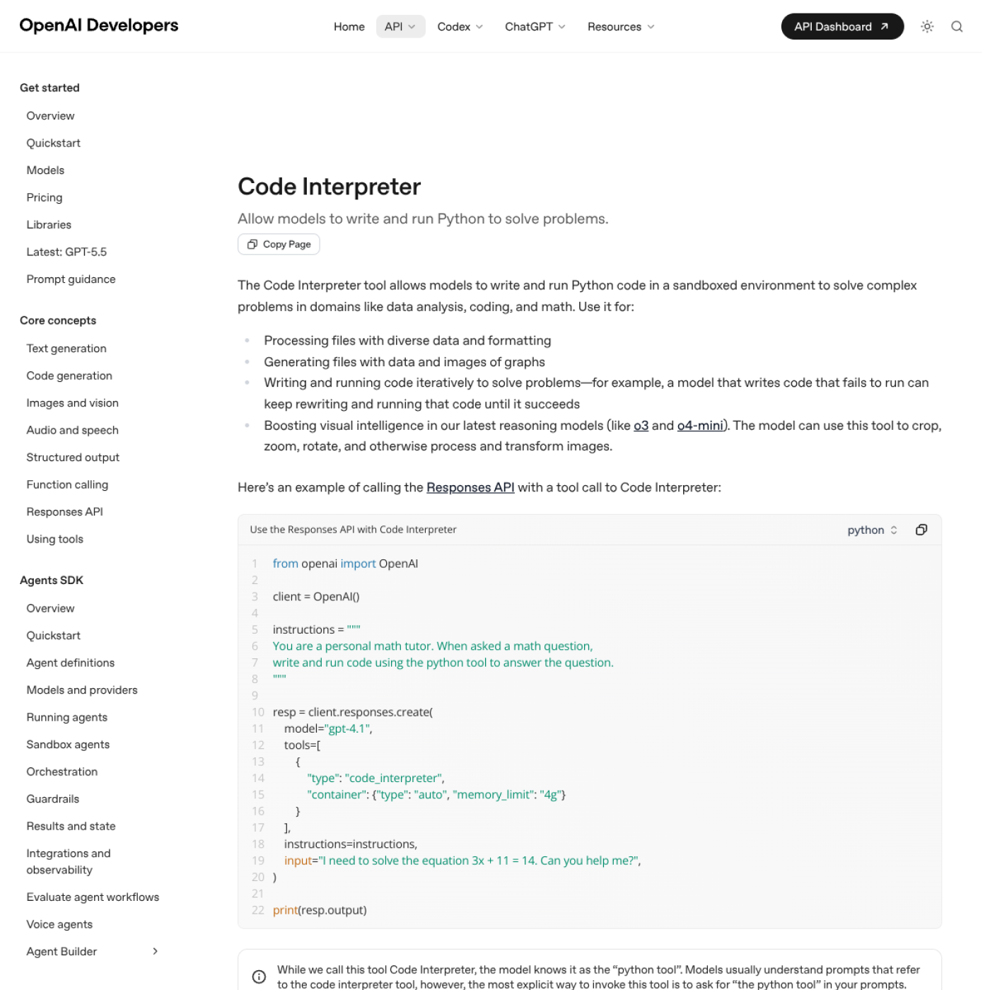 Скриншот документации OpenAI Code Interpreter