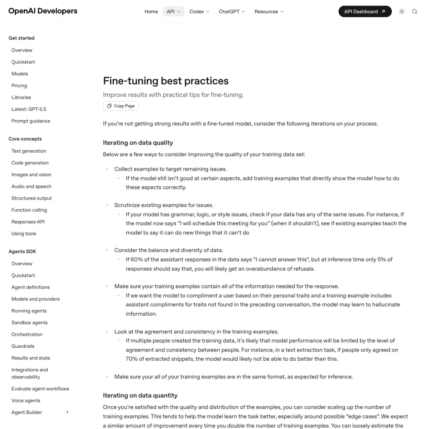 Скриншот документации OpenAI по fine-tuning best practices
