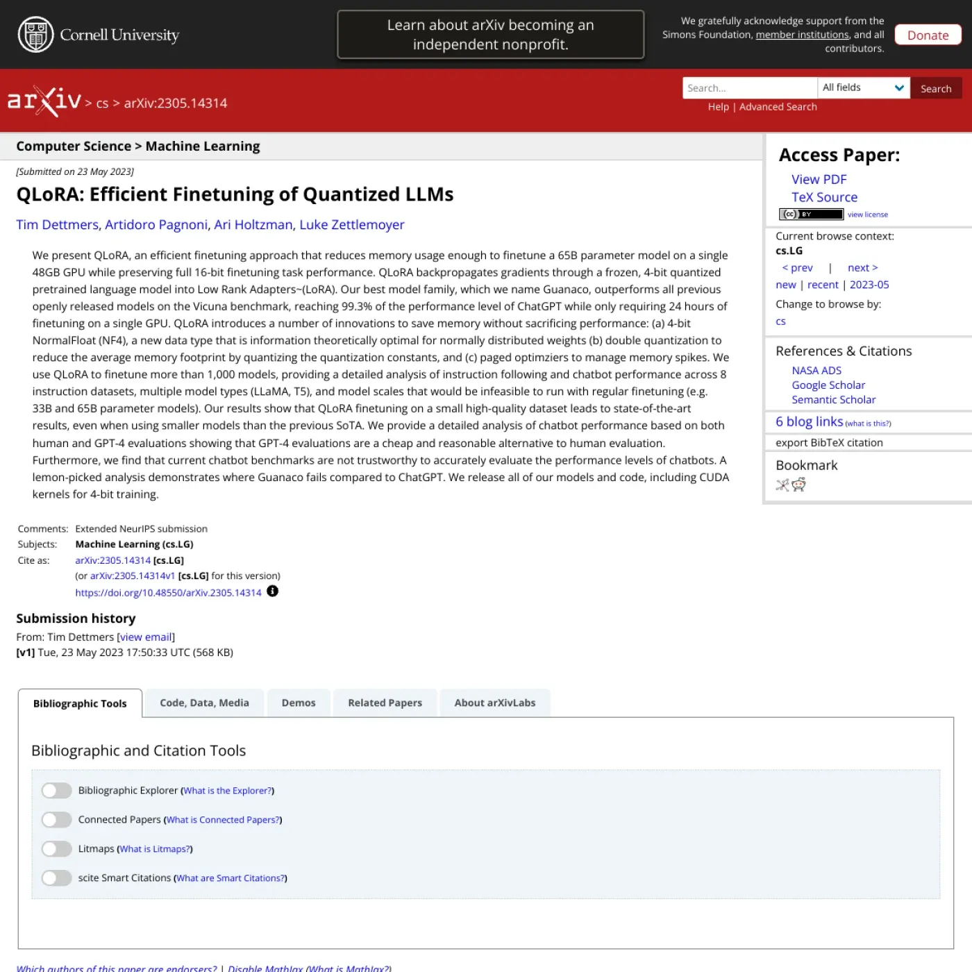 Скриншот страницы QLoRA на arXiv