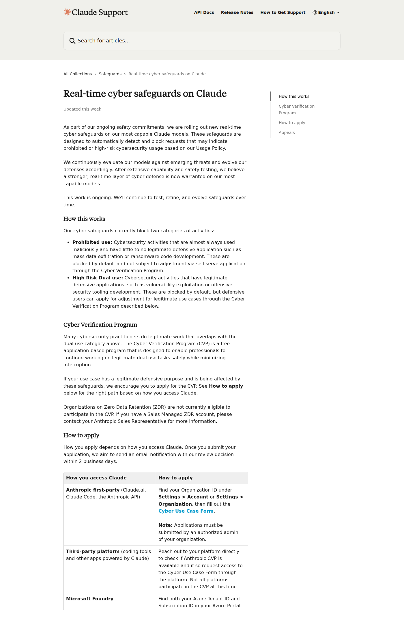 Справка Claude Help Center о real-time cyber safeguards и Cyber Verification Program