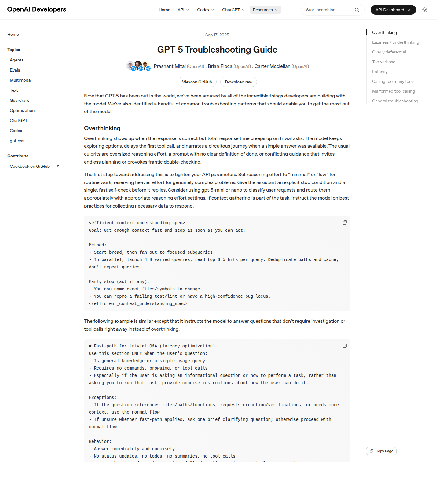 Скриншот страницы OpenAI Developers GPT-5 Troubleshooting Guide с разделом Overthinking