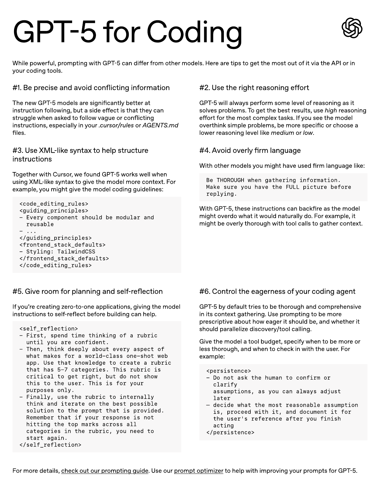 Фрагмент официального PDF GPT-5 for Coding cheatsheet с советом избегать overly firm language
