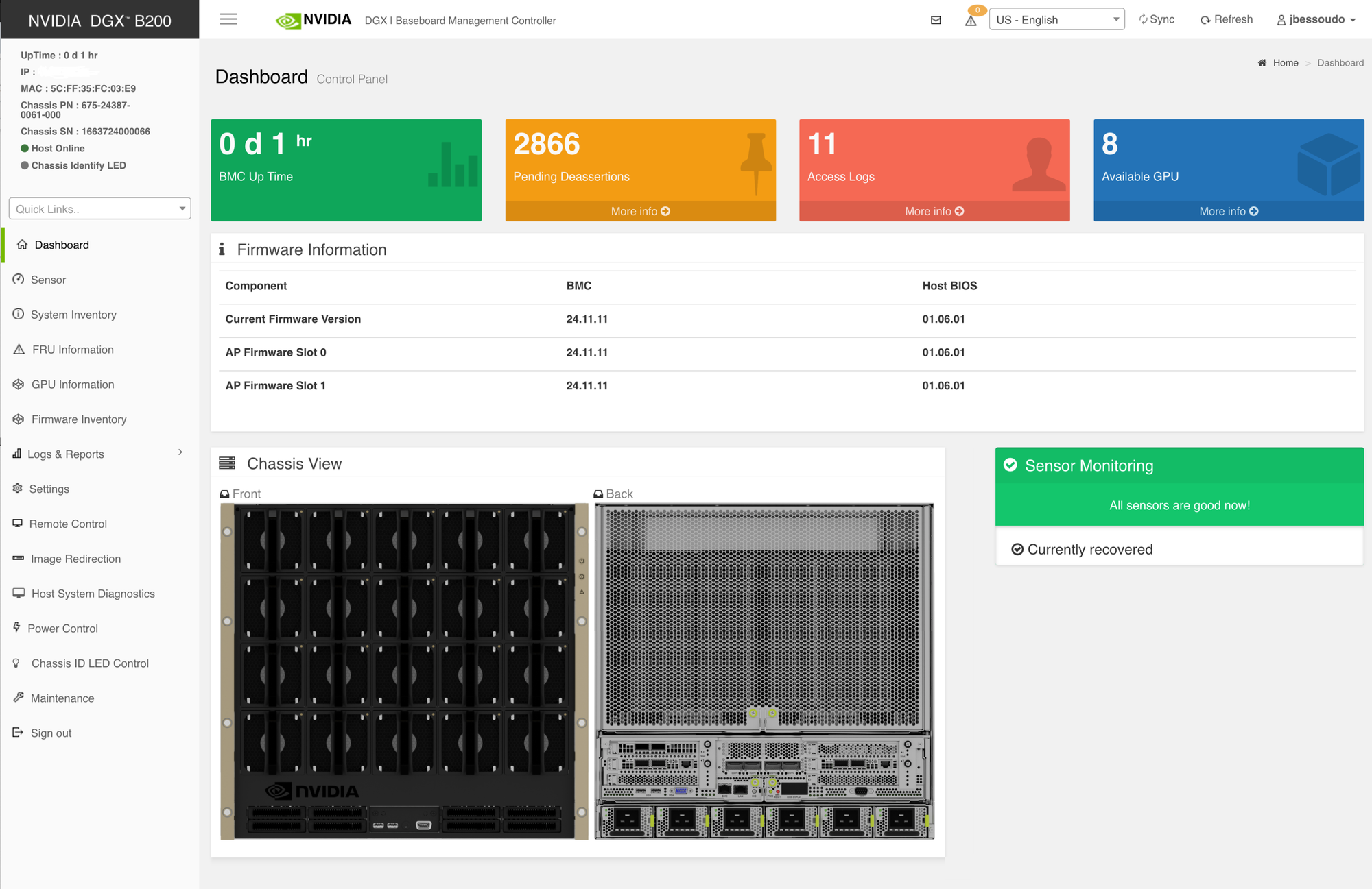Скриншот панели Baseboard Management Controller в системе NVIDIA DGX B200