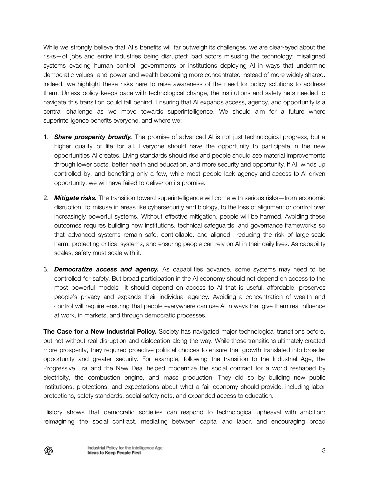Страница официального документа OpenAI Industrial Policy for the Intelligence Age с тезисами про shared prosperity, risks и democratize access