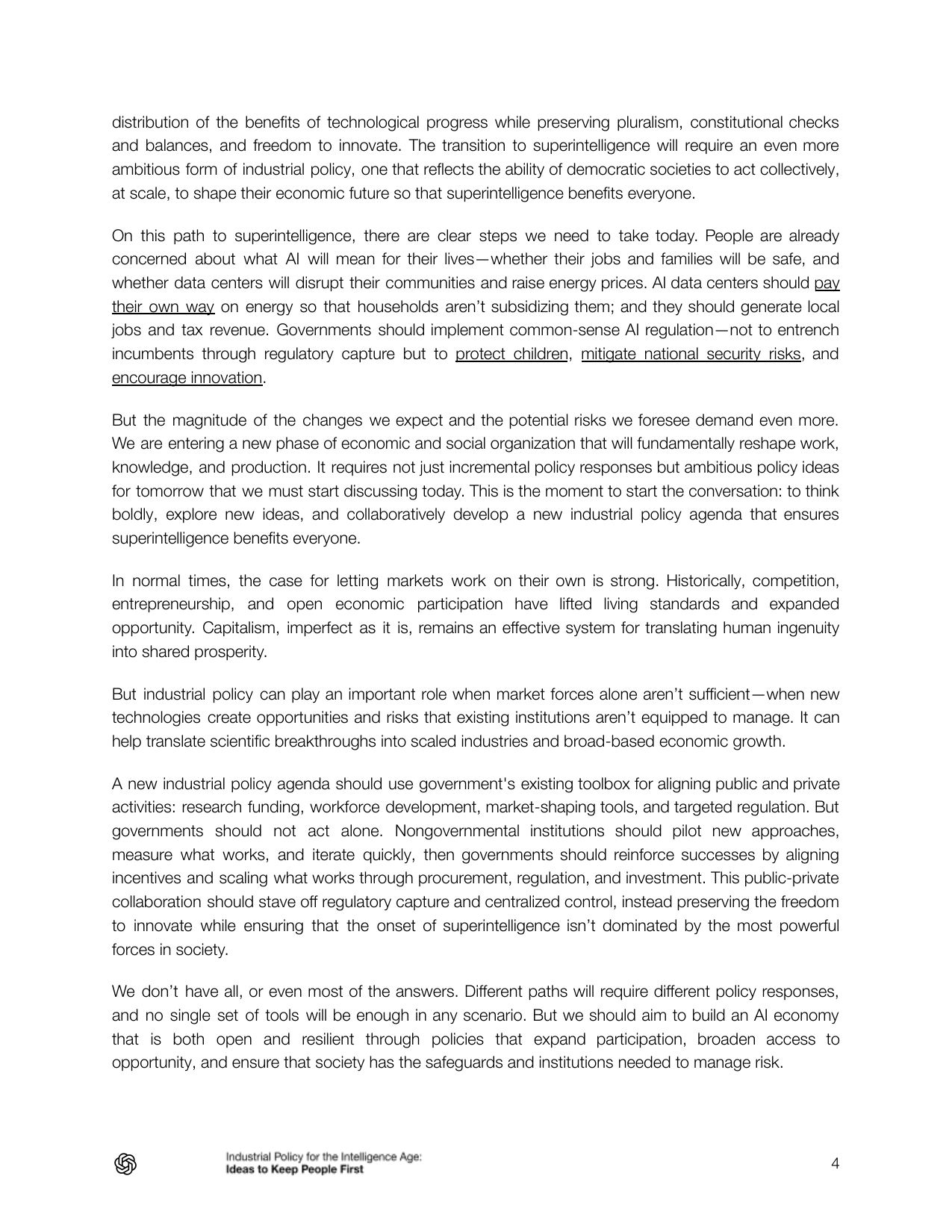 Страница официального документа OpenAI Industrial Policy for the Intelligence Age с абзацем про датацентры, цены на энергию и регулирование