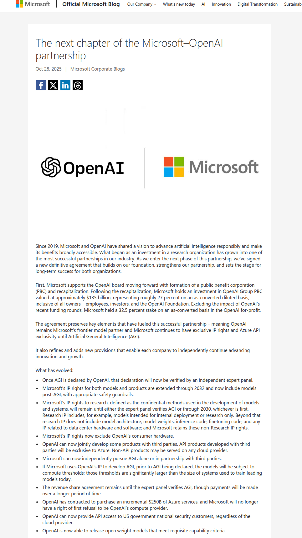 Скриншот официального поста Microsoft от 28 октября 2025 года о следующей главе партнёрства с OpenAI