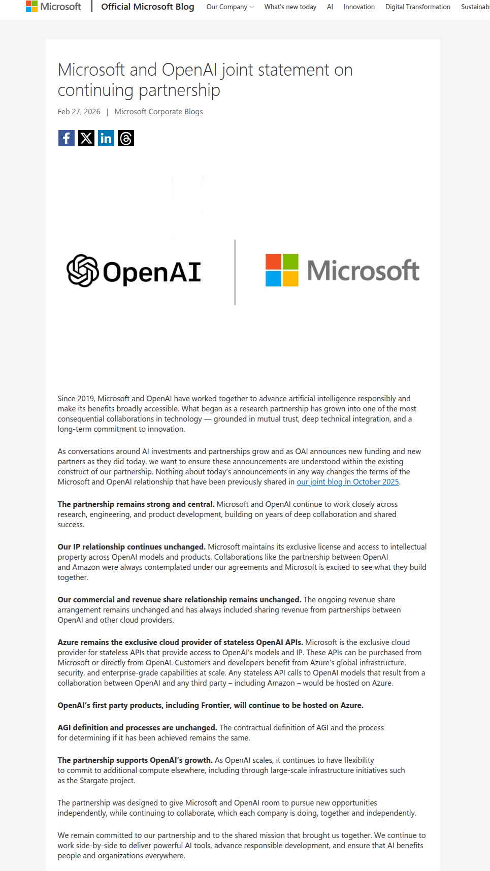 Скриншот совместного заявления Microsoft и OpenAI от 27 февраля 2026 года о сохранении прежних условий партнёрства