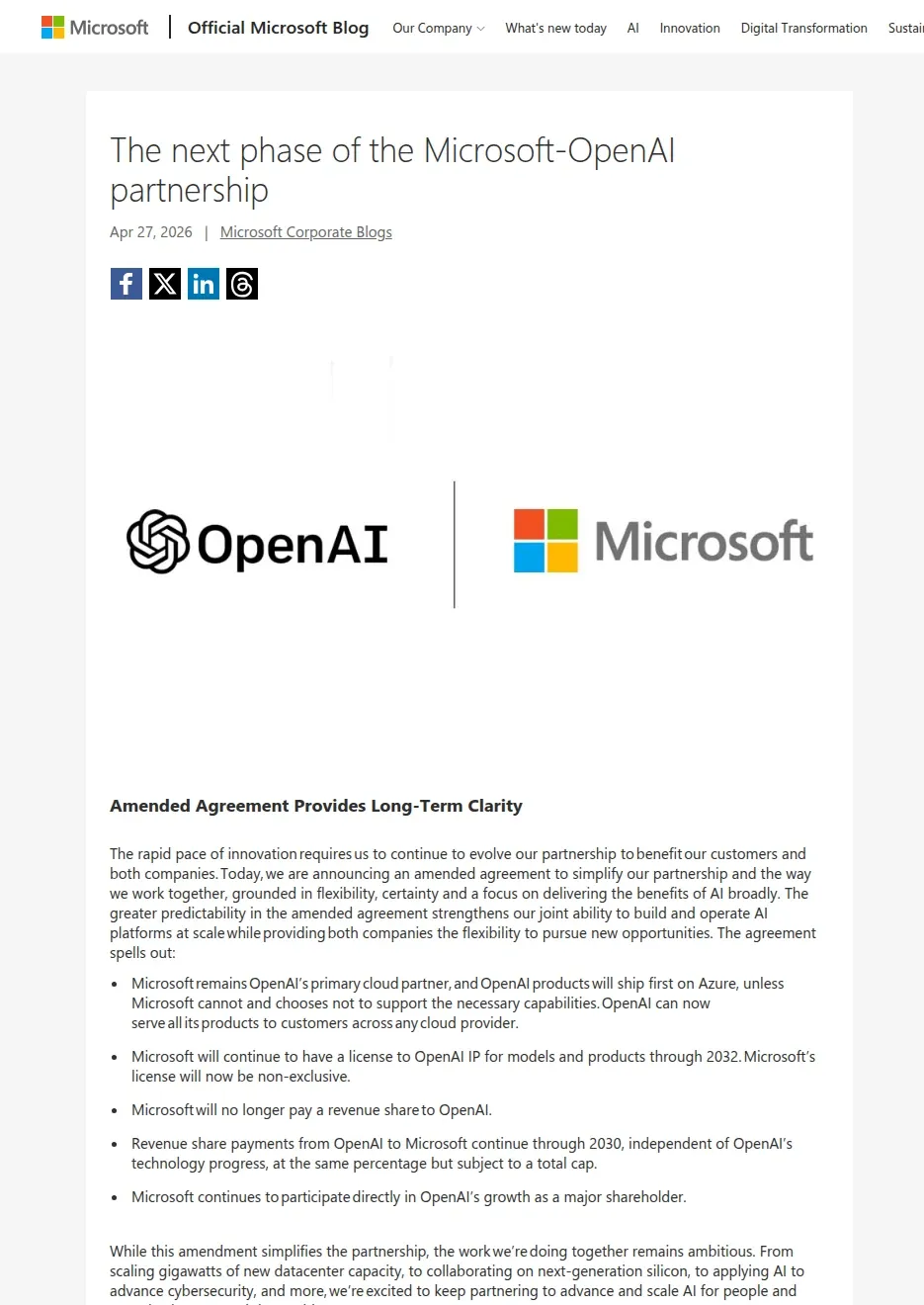 Официальный пост Microsoft от 27 апреля 2026 года с новыми условиями сделки OpenAI и Microsoft