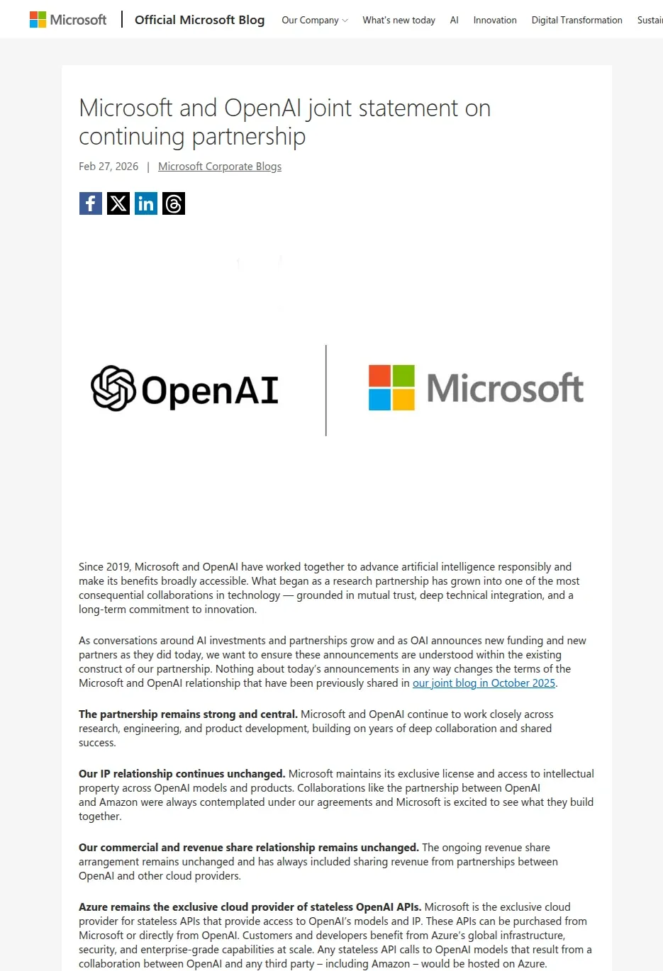 Февральское заявление Microsoft и OpenAI о сохранении прежних условий партнёрства, включая неизменную AGI logic