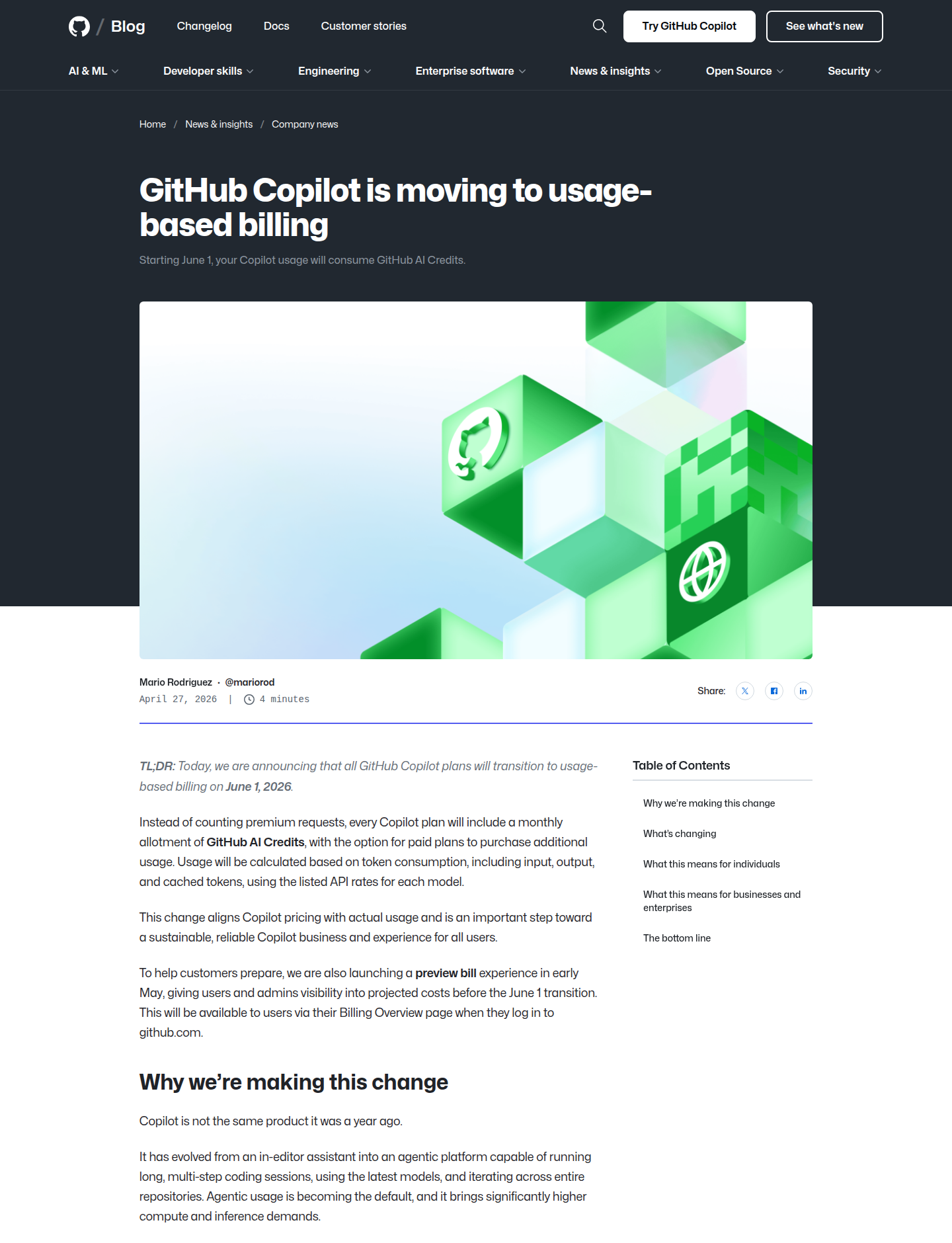 Официальный анонс GitHub Copilot usage-based billing в блоге GitHub
