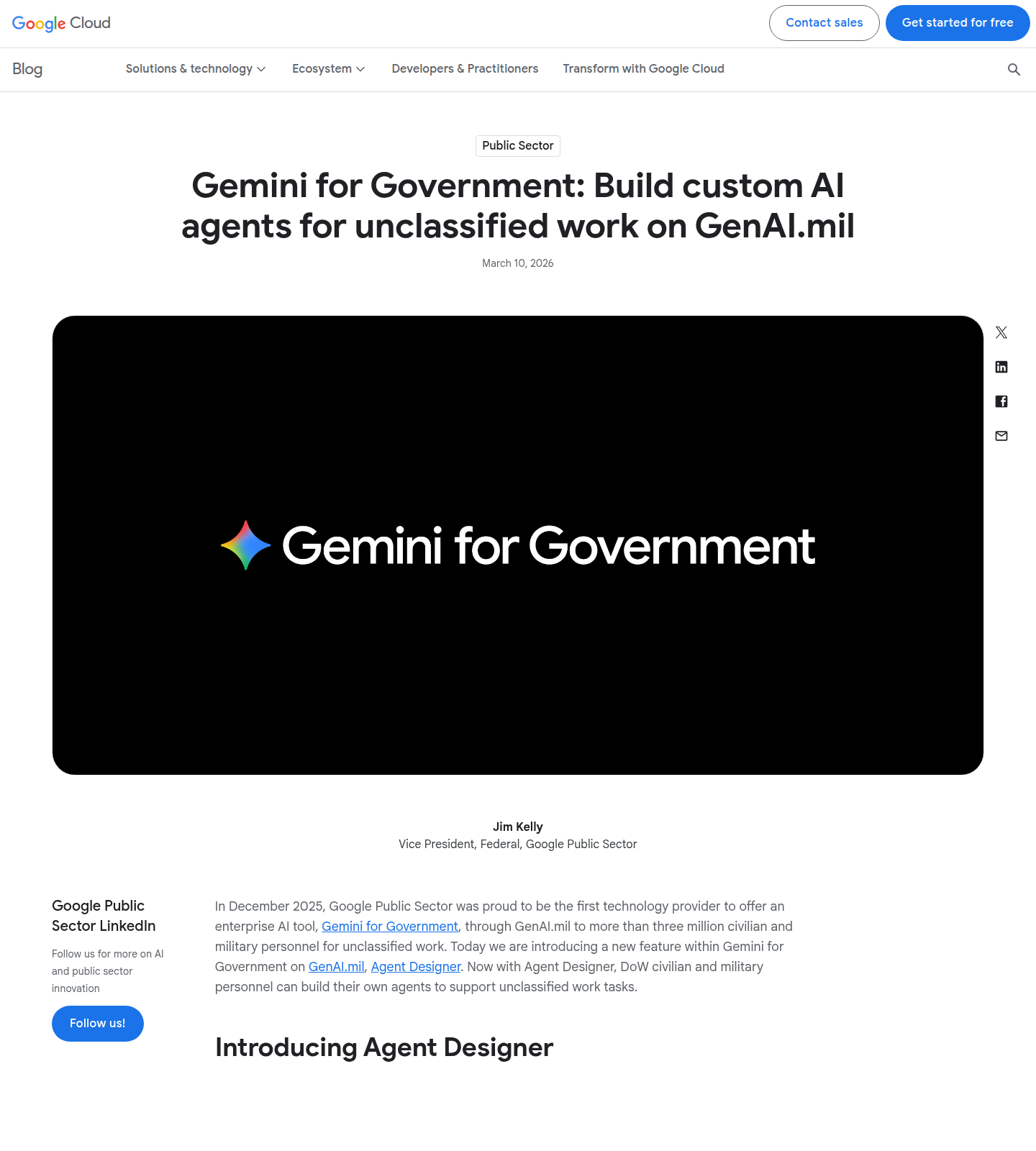 Скриншот статьи Google Cloud от 10 марта 2026 года про Agent Designer для несекретной работы на GenAI.mil