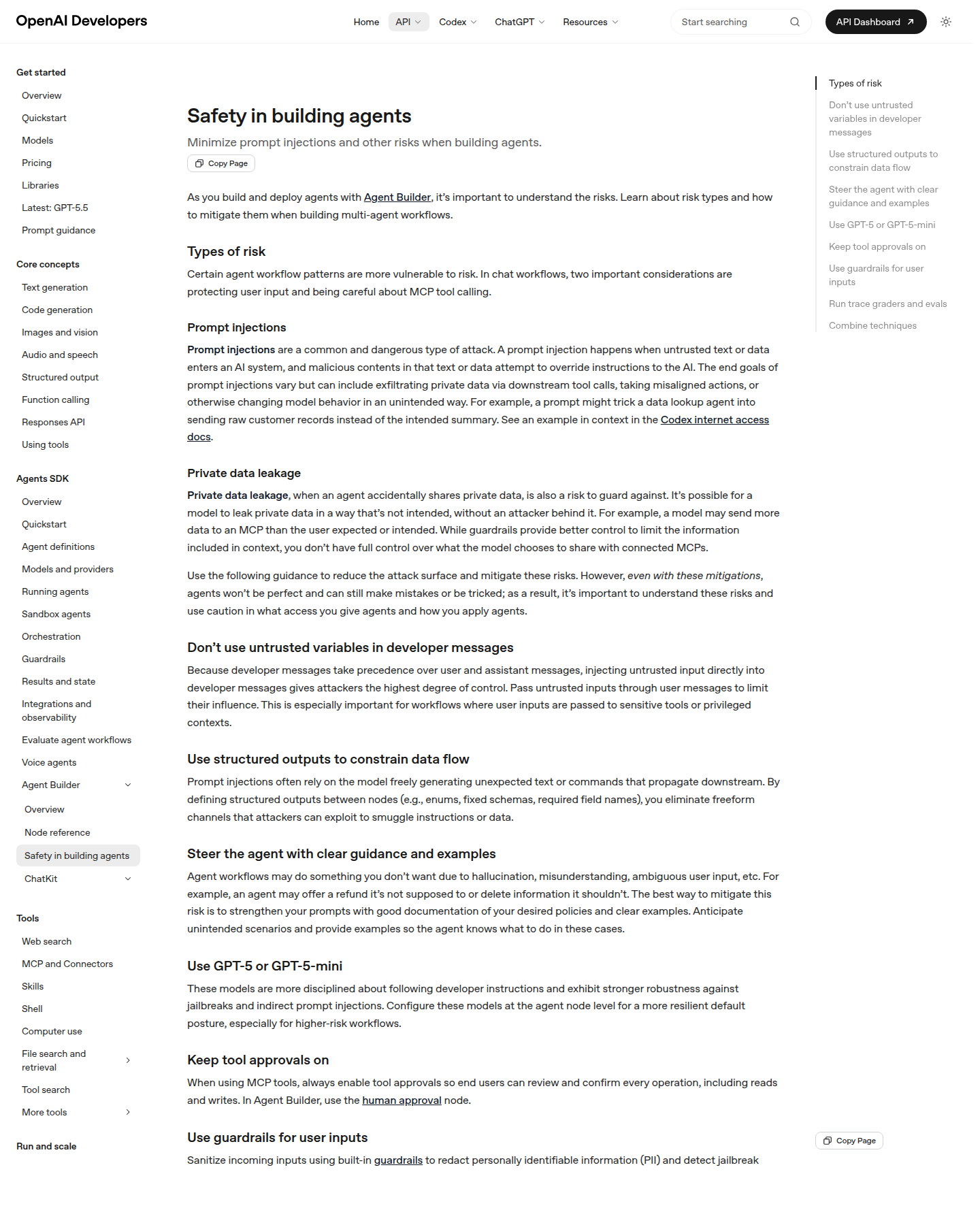 Страница OpenAI Developer Docs о безопасности при создании агентов с разделом про prompt injections
