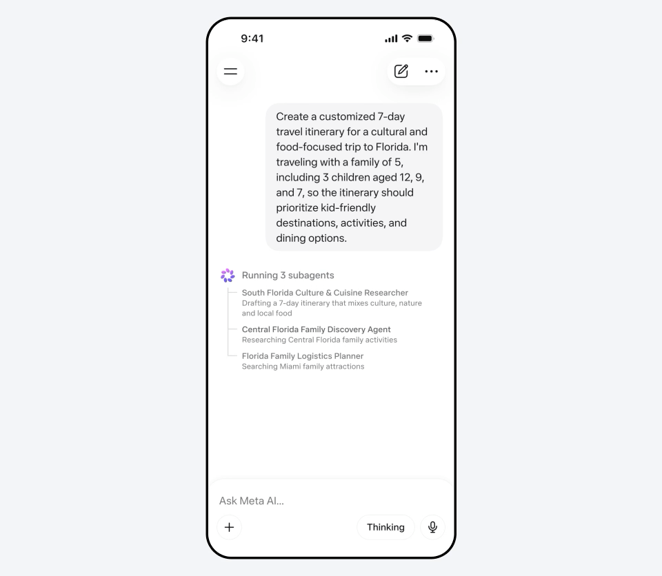 Скриншот Meta AI с параллельной работой нескольких вспомогательных агентов