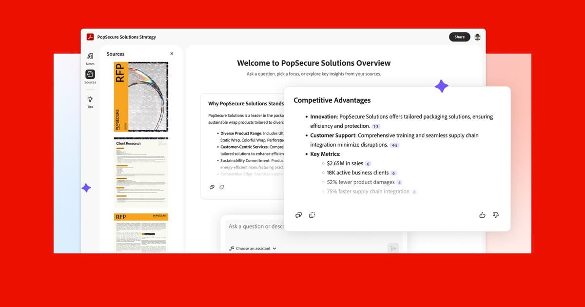 Интерфейс Adobe Acrobat AI Assistant для вопросов по документам и генерации сводок
