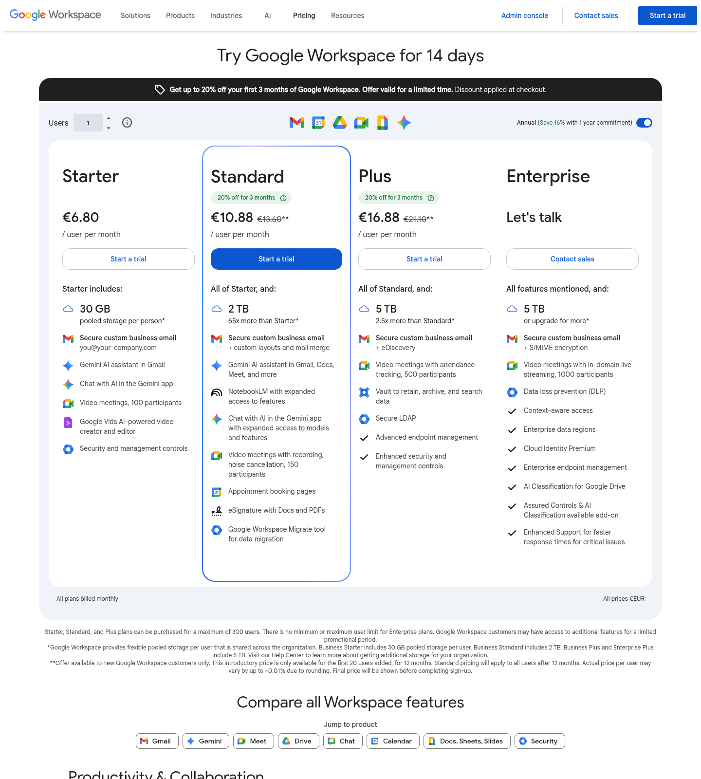 Pricing-страница Google Workspace с планами Starter, Standard и Plus и блоком Gemini