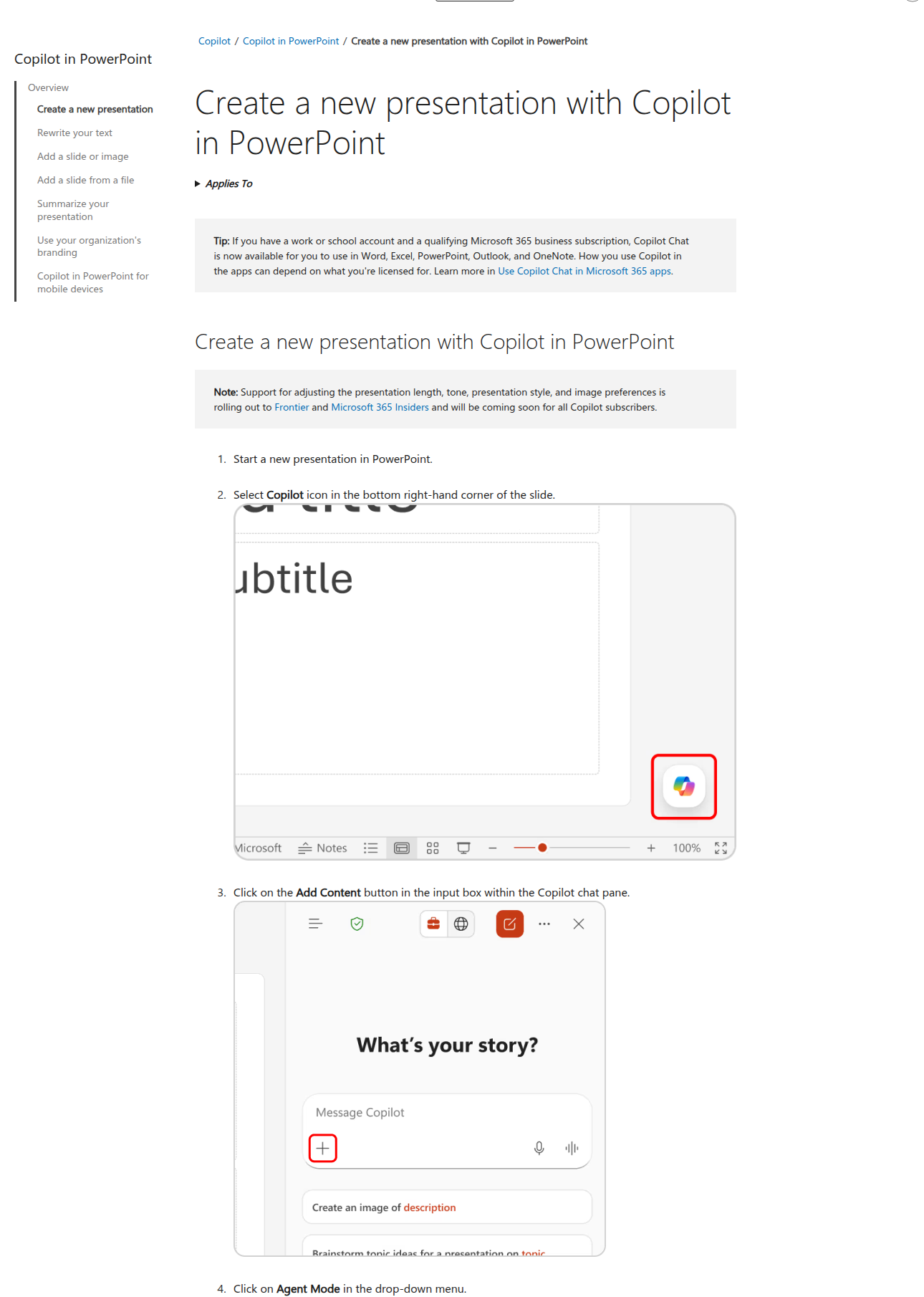 Страница Microsoft Support с инструкцией по созданию презентации через Copilot in PowerPoint