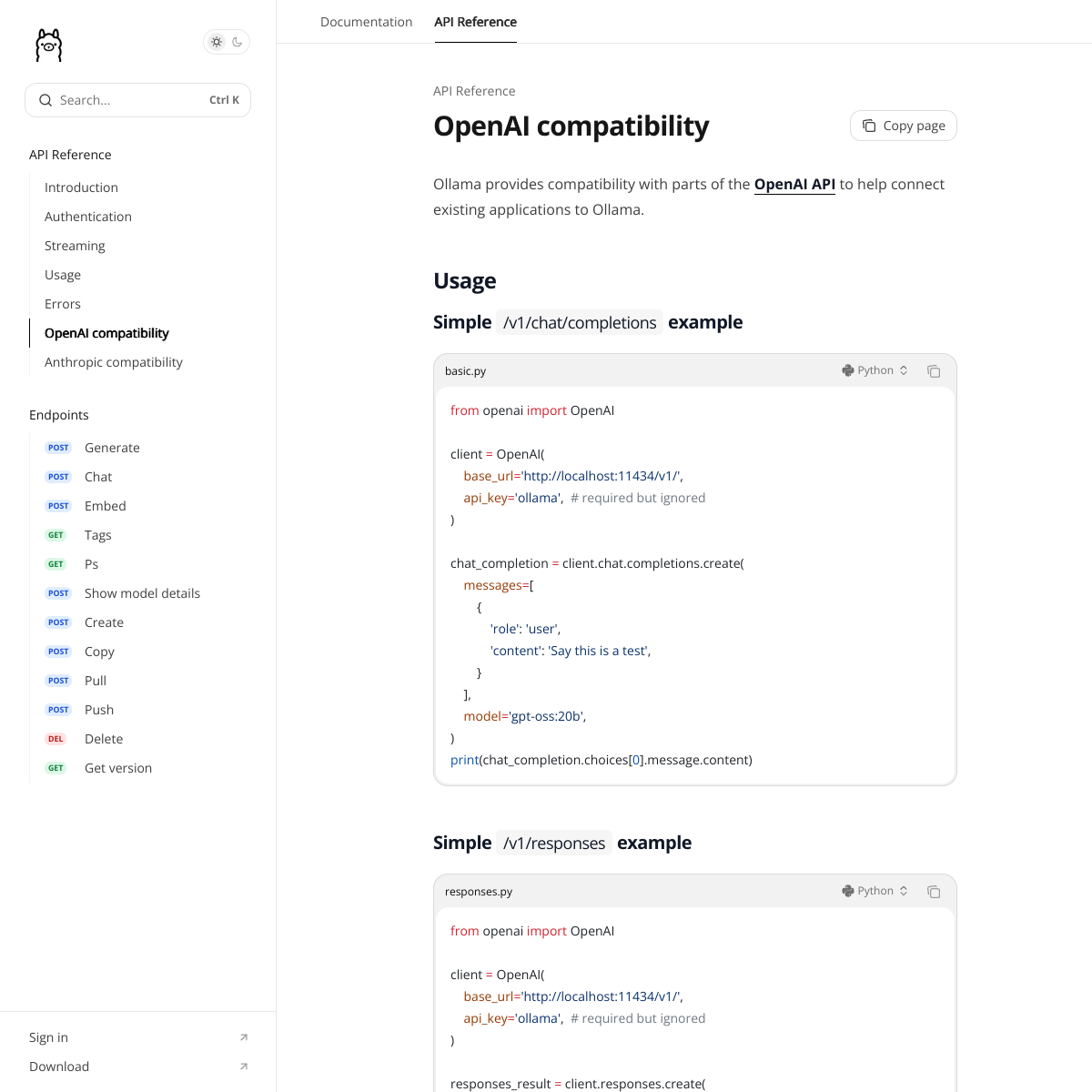 Страница OpenAI compatibility в документации Ollama с примерами responses API и vision
