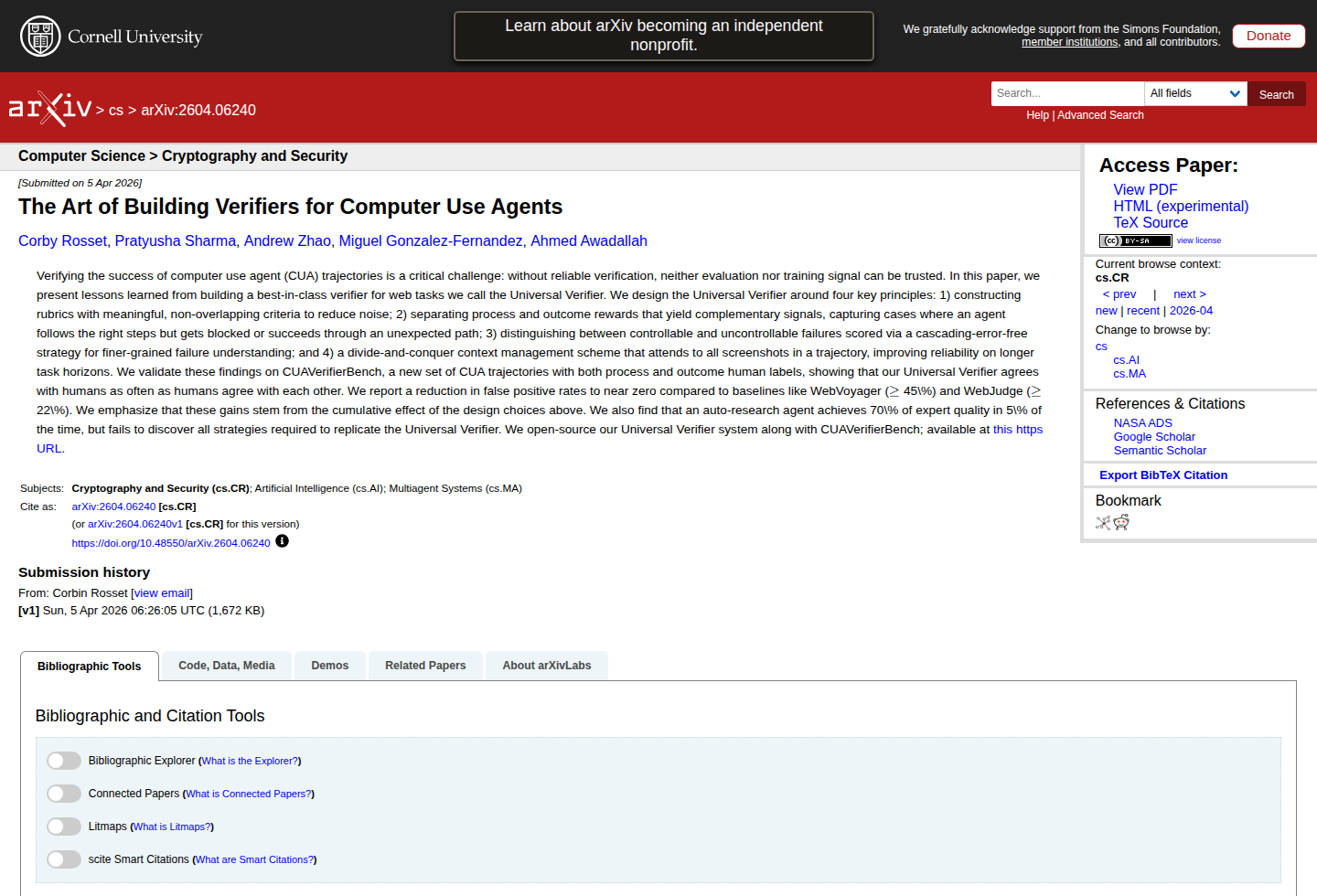 Страница arXiv с препринтом The Art of Building Verifiers for Computer Use Agents, аннотацией и ключевыми результатами