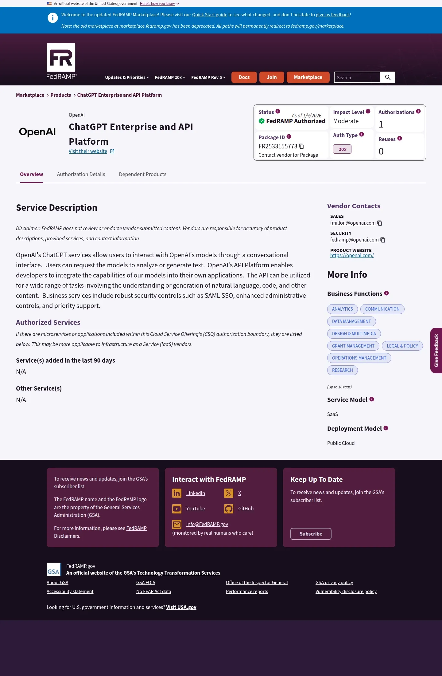 Страница FedRAMP Marketplace для ChatGPT Enterprise and API Platform со статусом FedRAMP Authorized и уровнем Moderate