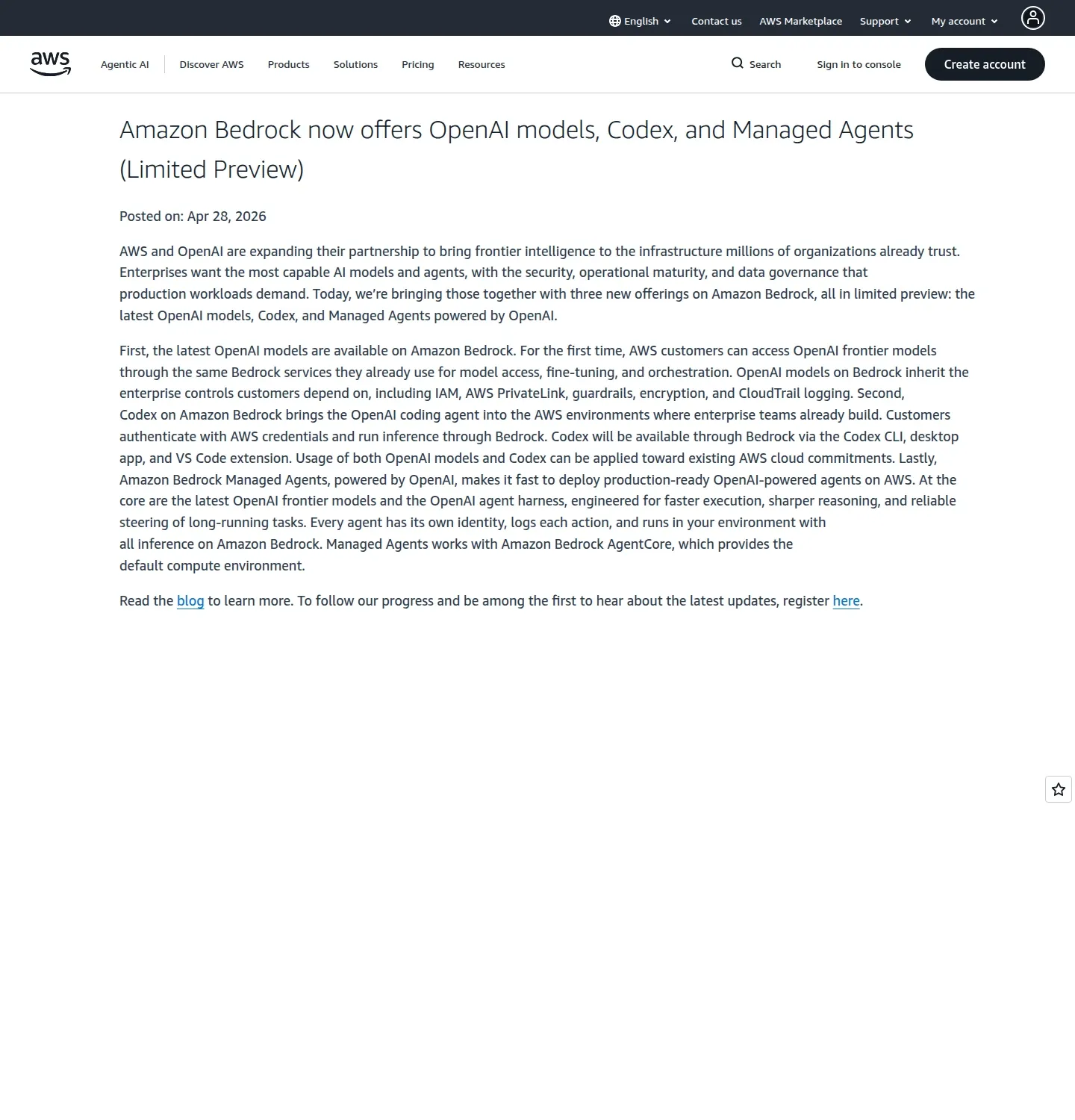 Официальная страница AWS с анонсом Amazon Bedrock now offers OpenAI models, Codex, and Managed Agents в limited preview