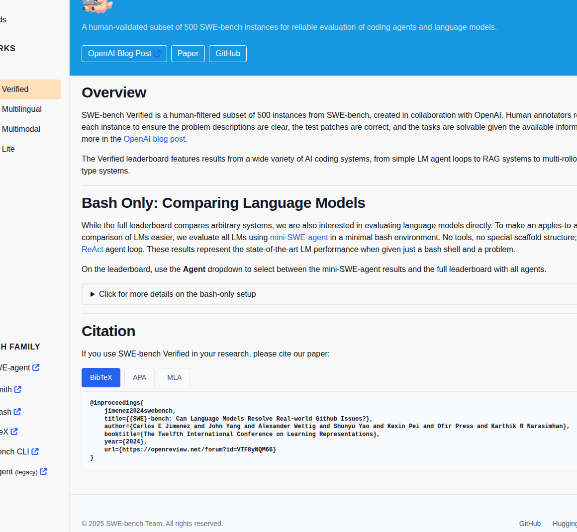Официальная страница SWE-bench Verified с описанием набора и блоком Overview