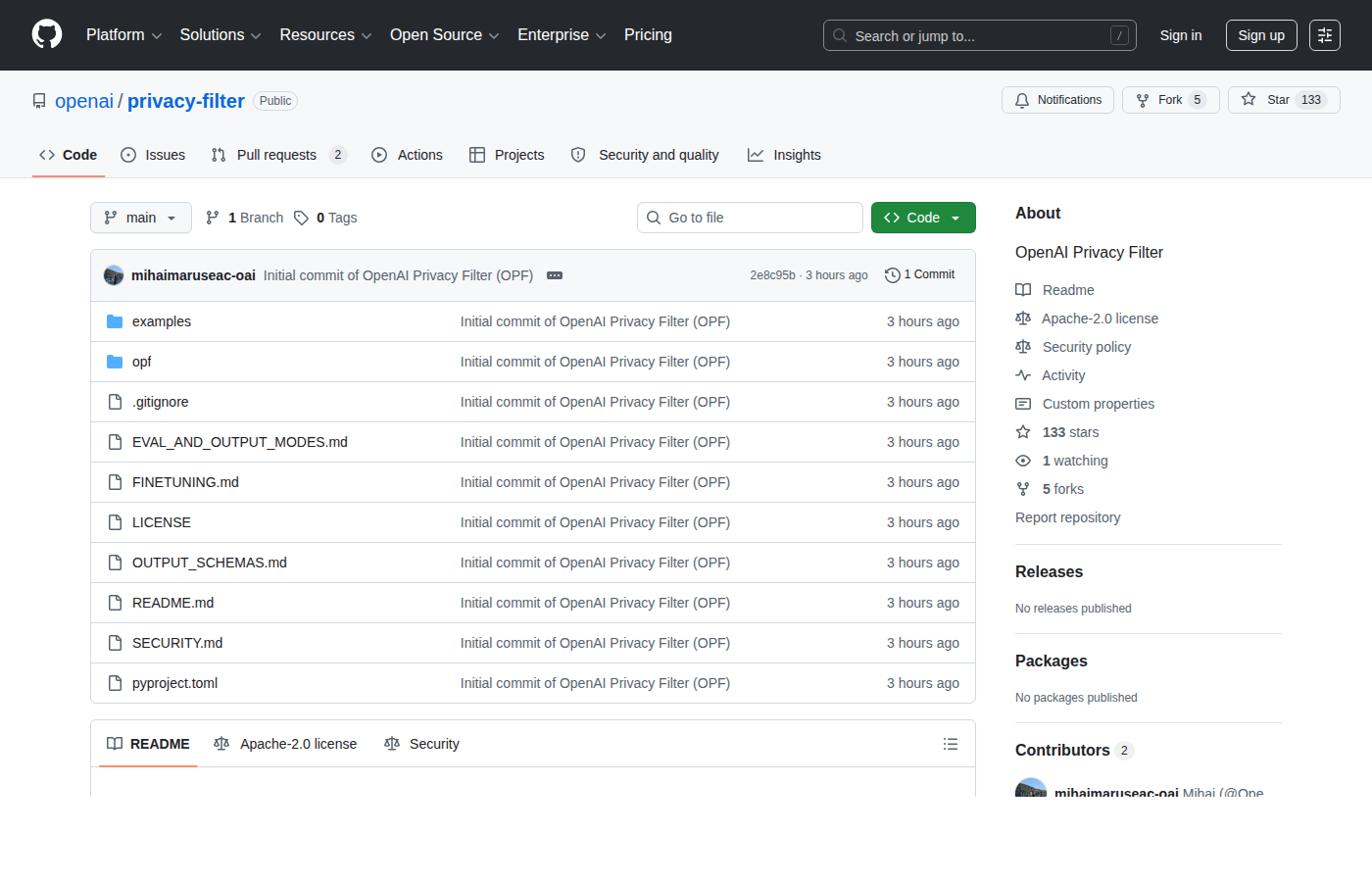 GitHub репозиторий openai privacy-filter с файлами README LICENSE и SECURITY