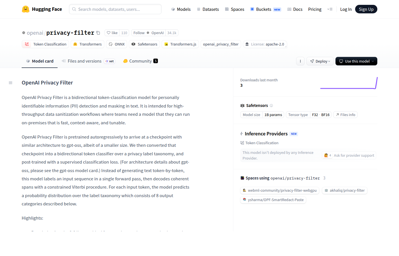 Страница openai privacy-filter на Hugging Face с лицензией Apache 2.0 и описанием модели