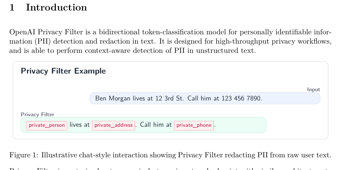 Пример OpenAI Privacy Filter из model card с маскировкой имени адреса и телефона