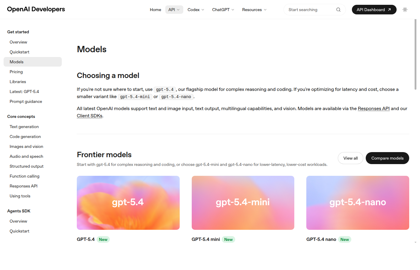 Скриншот официальной страницы OpenAI Models с моделью gpt-5.4