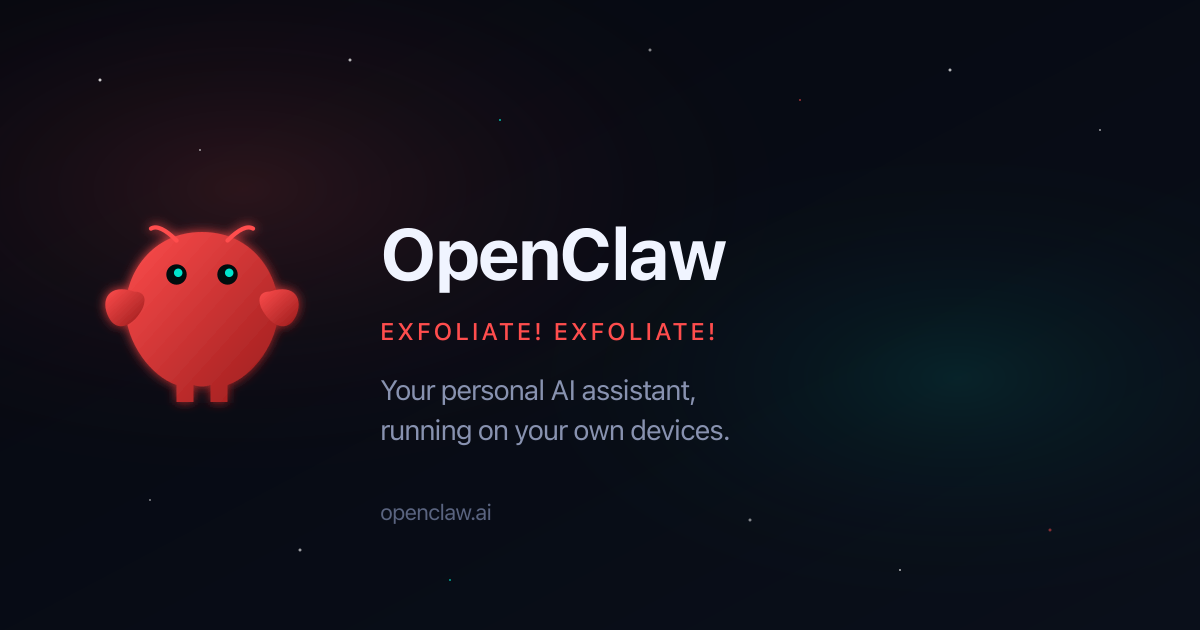 Официальная OpenGraph-карточка OpenClaw с описанием персонального ИИ-ассистента на собственных устройствах