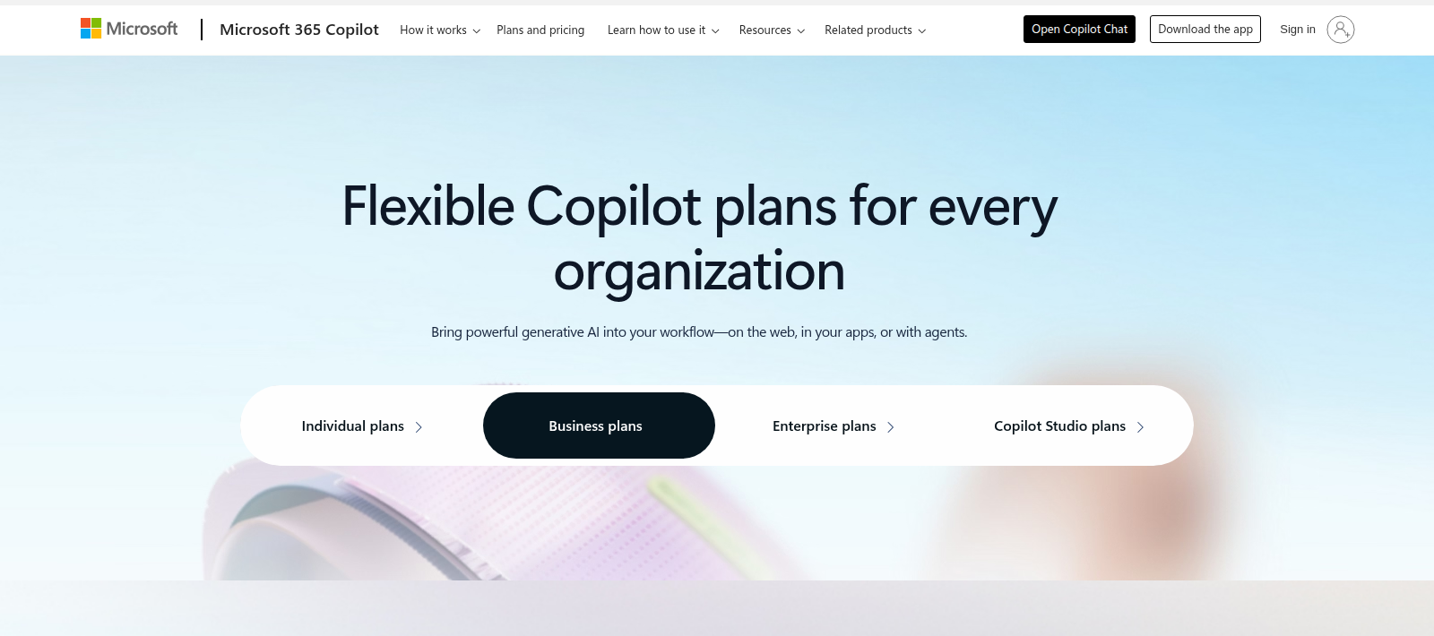 Официальная страница Microsoft 365 Copilot с бизнес-планами Copilot