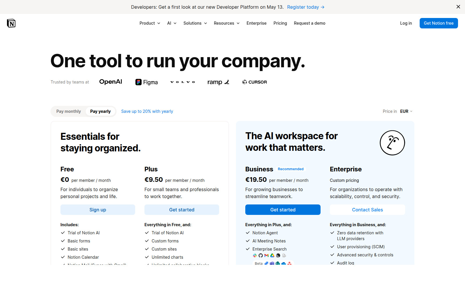 Официальная страница тарифов Notion с Free, Plus, Business и Enterprise