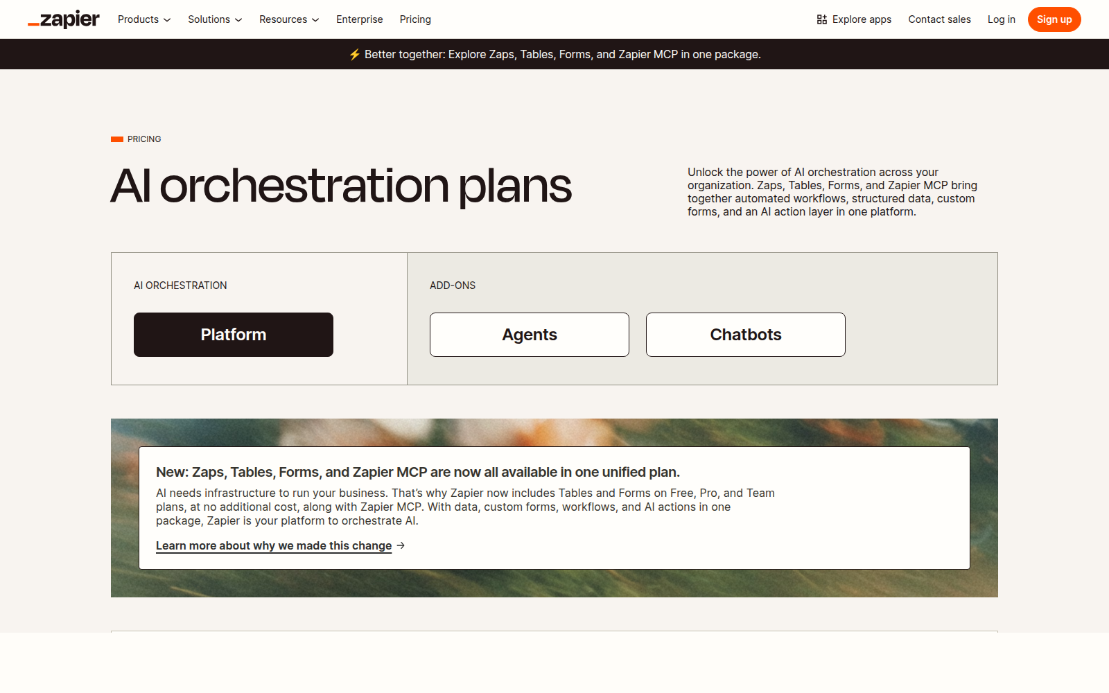Официальная страница тарифов Zapier с планами AI orchestration