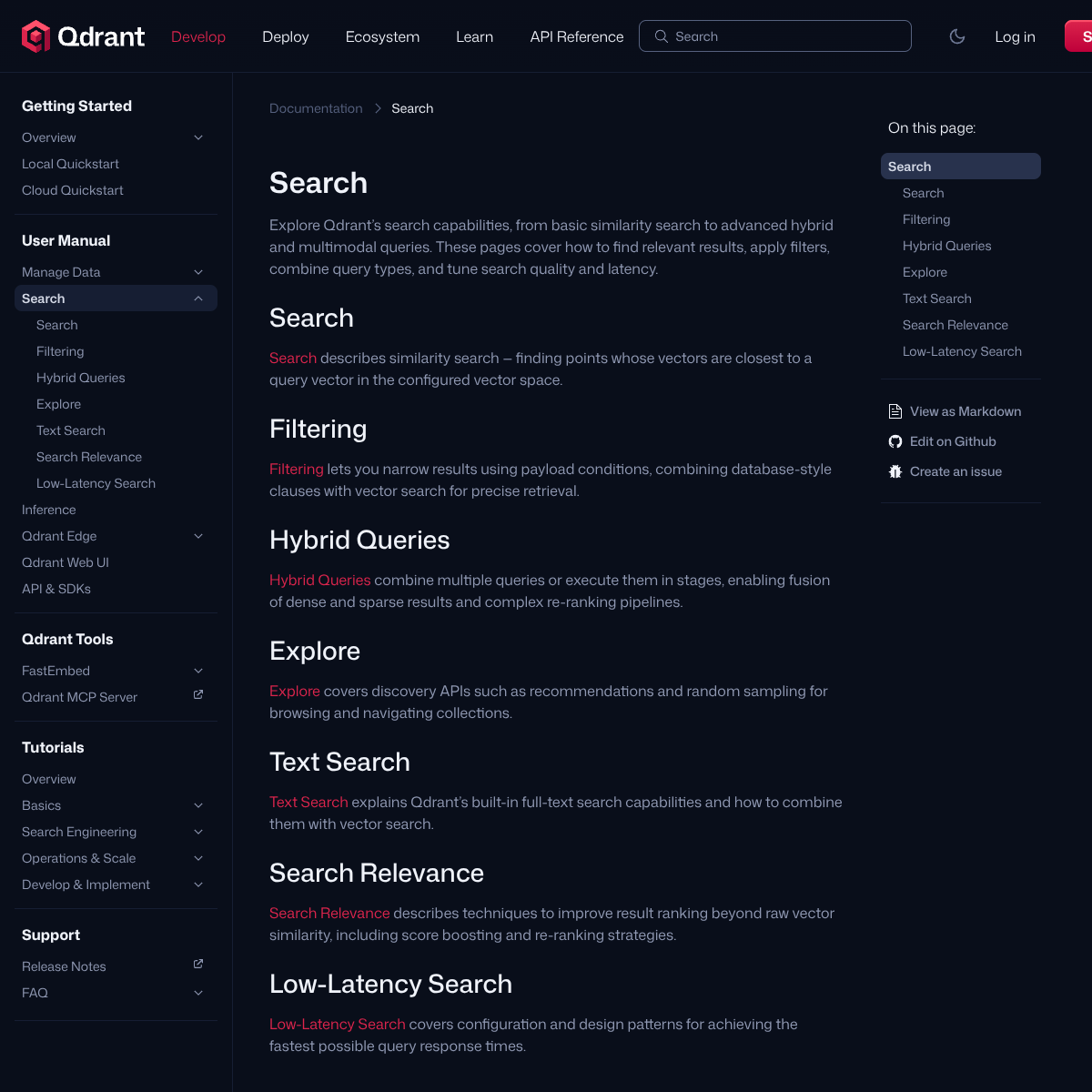 Страница Search в документации Qdrant с разделами filtering, hybrid queries, text search и relevance