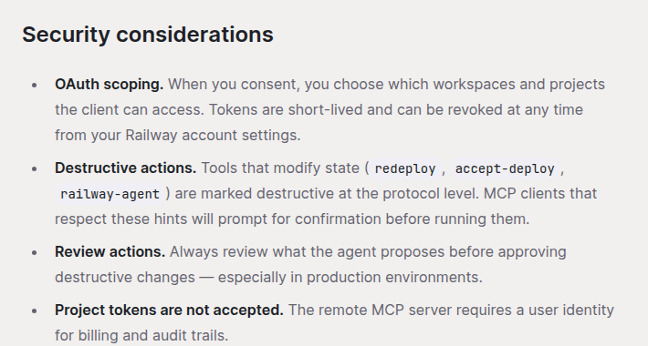 Блок Security considerations в Railway Remote MCP Server с пометками destructive actions и review actions