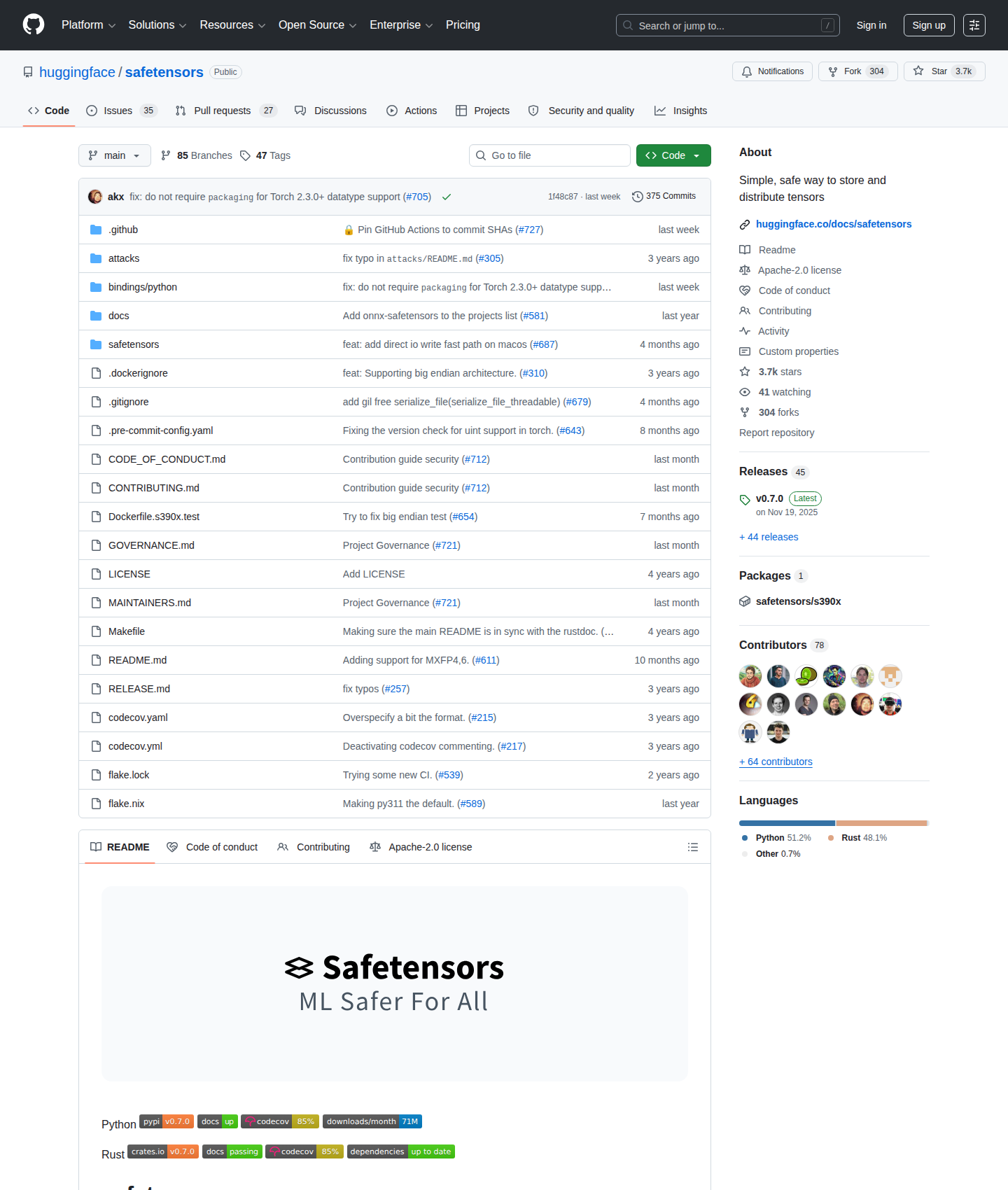 Скриншот репозитория safetensors на GitHub
