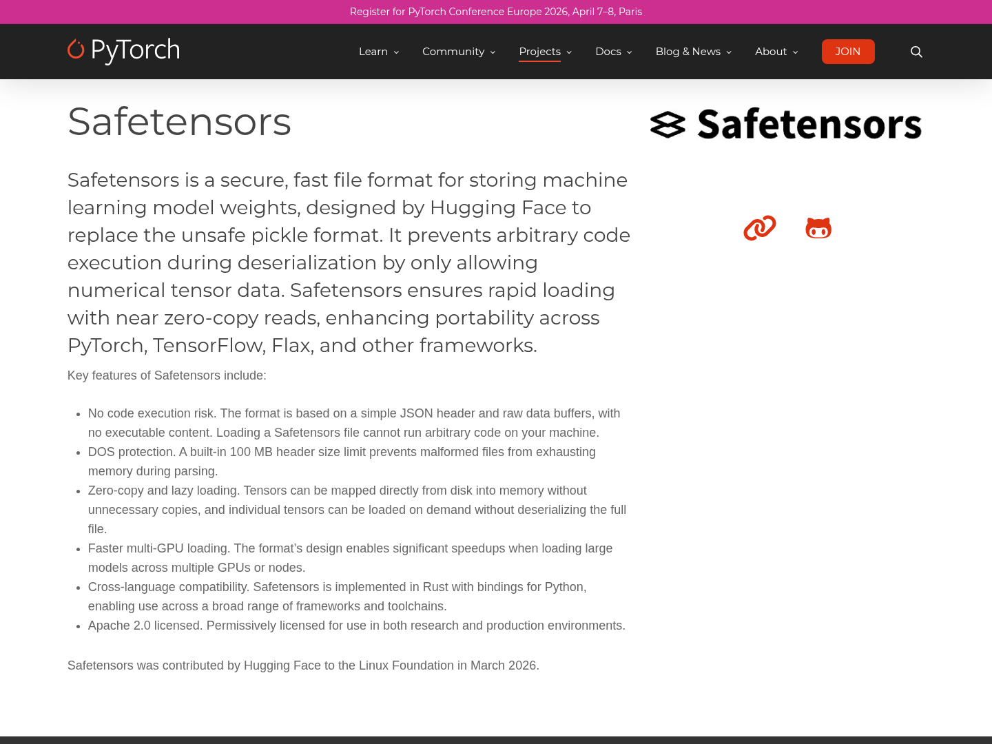 Скриншот страницы проекта Safetensors на сайте PyTorch