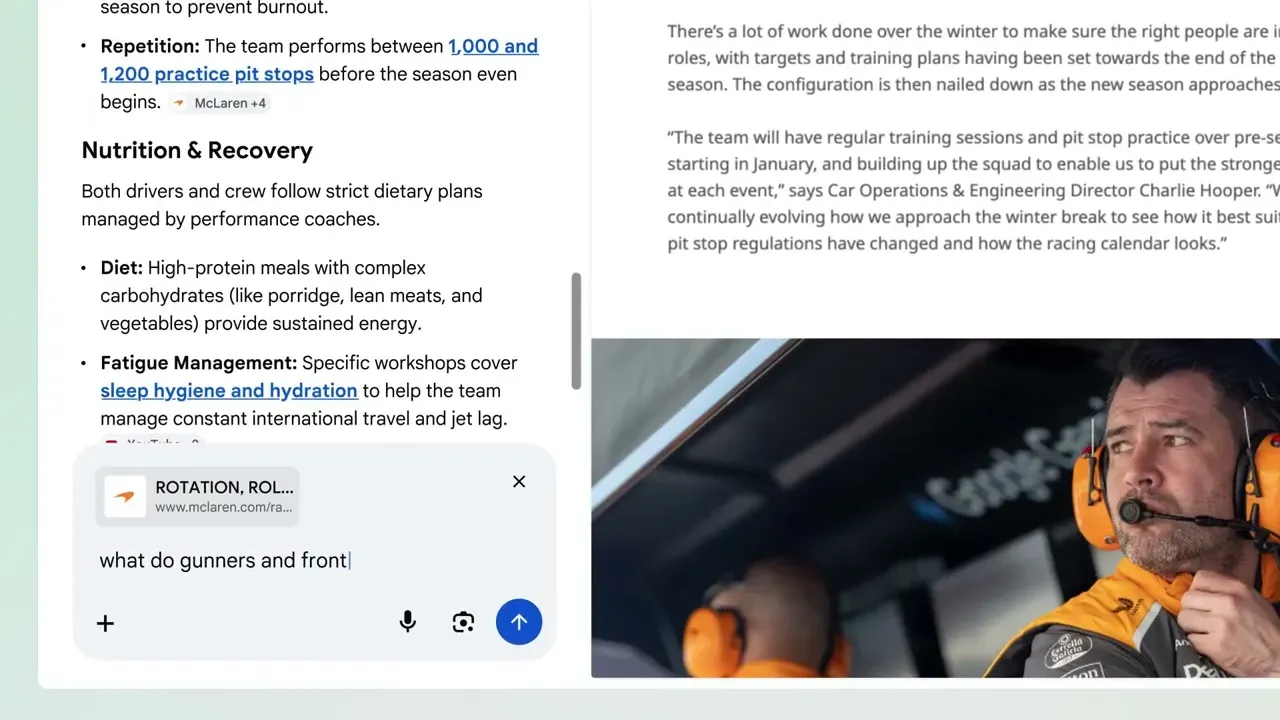 AI Mode в Chrome помогает задавать вопросы по странице с материалом McLaren
